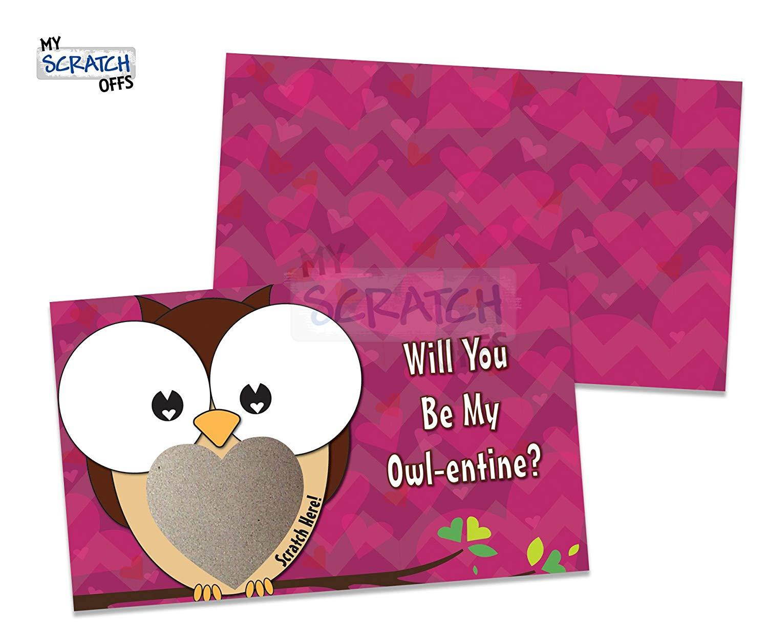 Girl OWL Valentines Day DIY Scratch-off School Kids Classroom Love Notes Mini Cards Kit, Write Your Own Messages (25 cards) My Scratch Offs