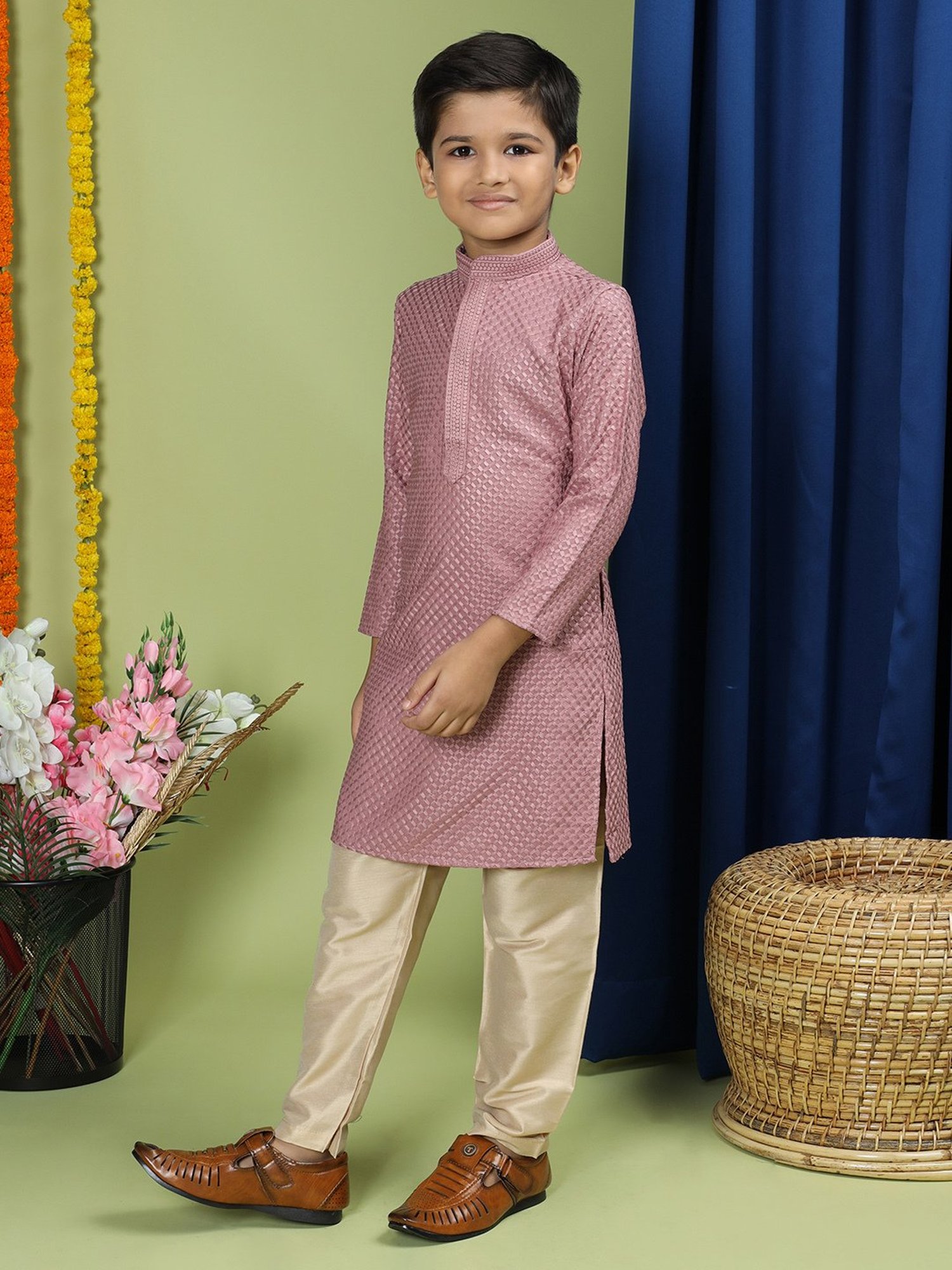 VASTRAMAY Boys Yellow & White Cotton Printed Full Sleeves Kurta Sets
