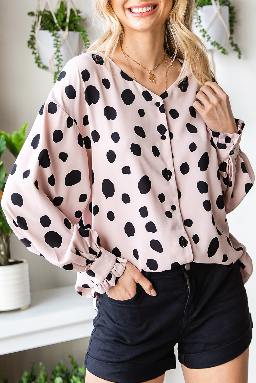 Pink Dot Print Button Frill Cuffs Casual Puff Sleeve Blouse