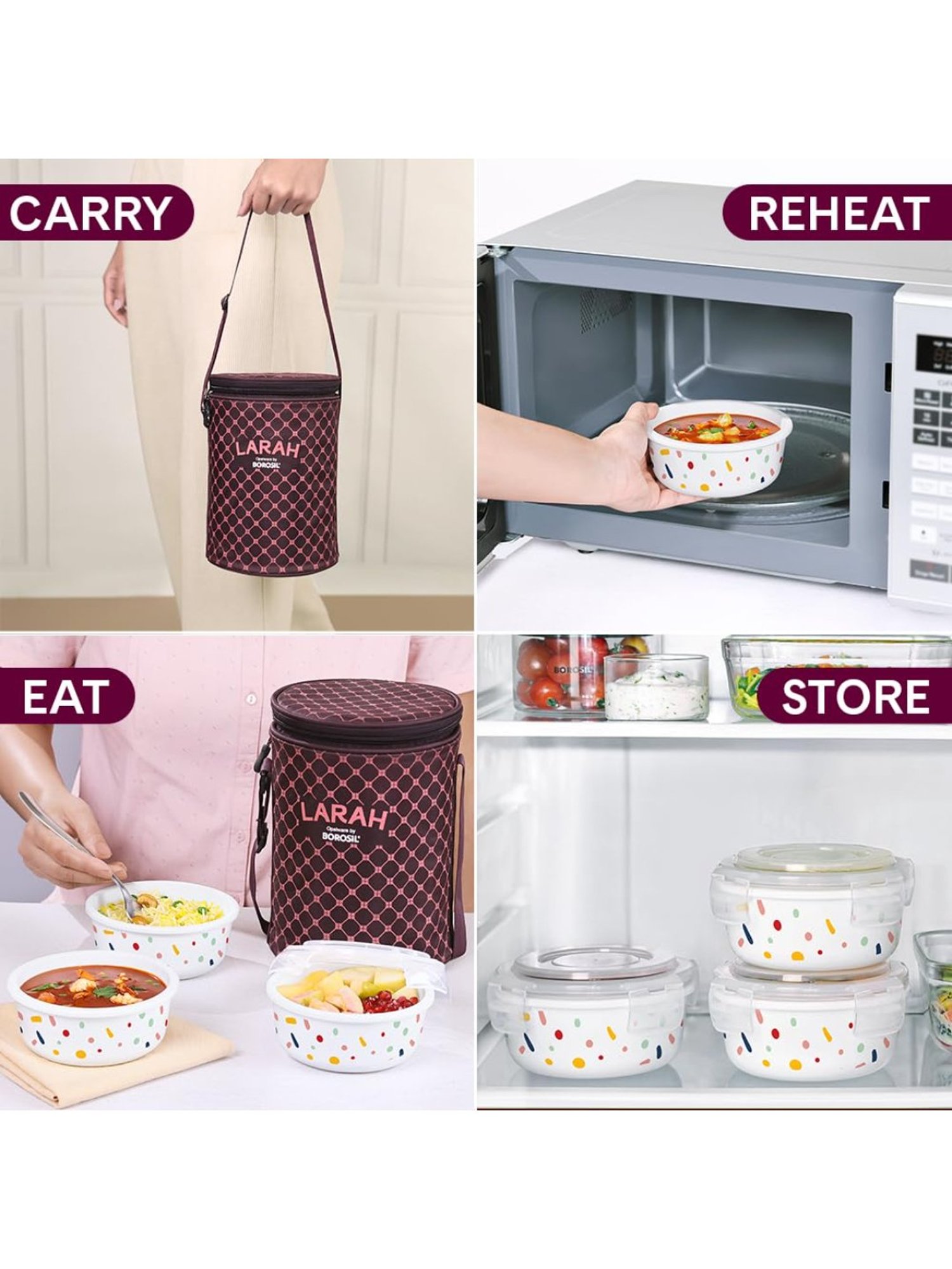 Larah by Borosil Multicolor Opalware Lunch Box with Lunch Bag