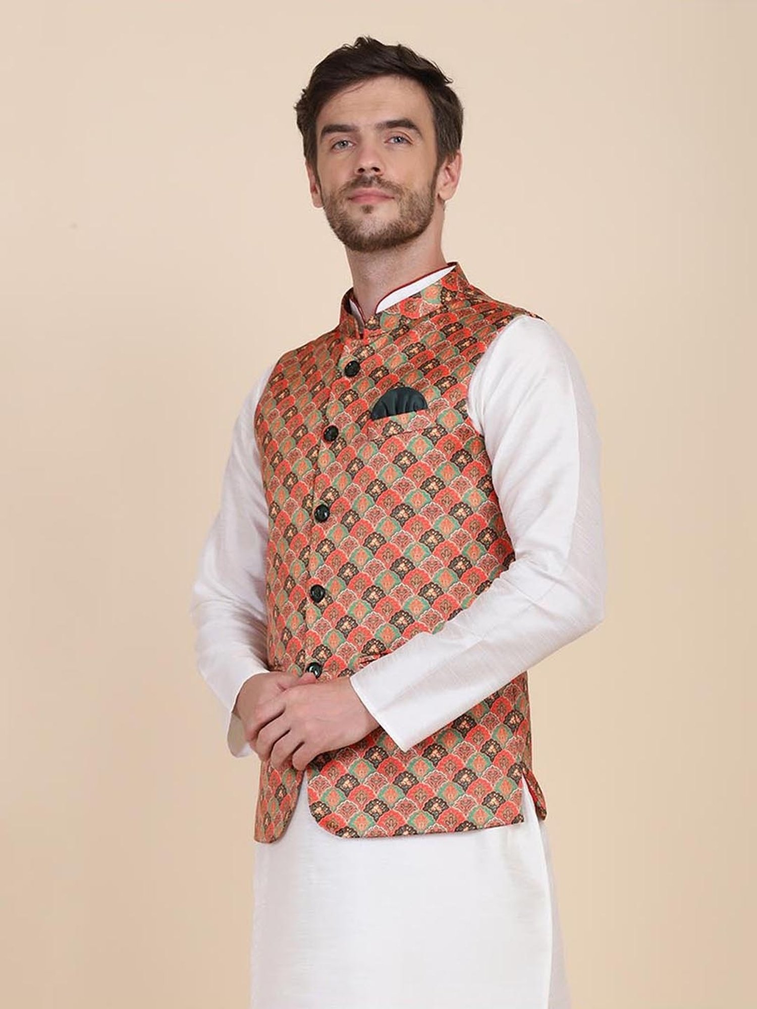 TAHVO Orange Satin Slim Fit Printed Nehru Jacket