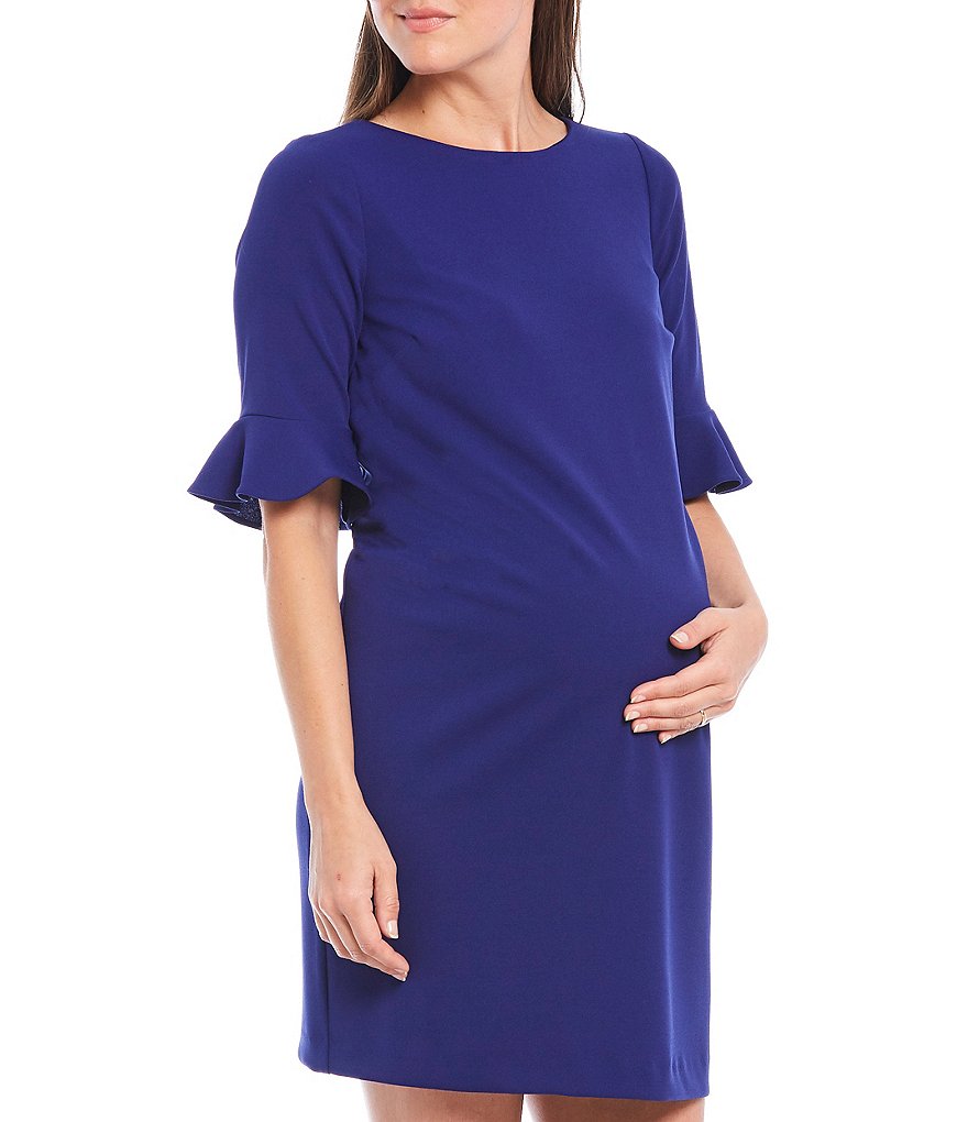 Alex Marie Kacey Ruffle Elbow Short Sleeve Round Neck Maternity Dress