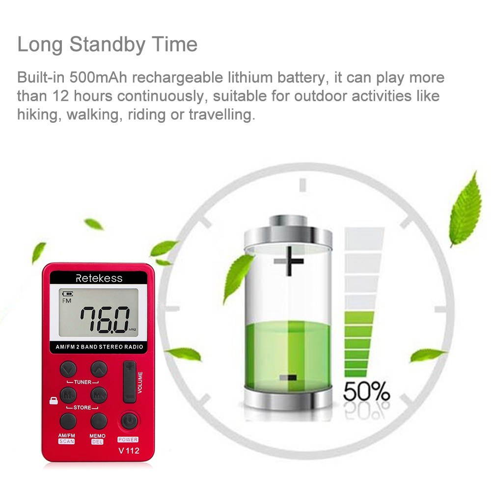 Retekess V-112 Portable AM/ FM Stereo Radio Pocket 2 Band Digital Tuning Radio Mini Receiver Outdoor Radio w/ Earphone Lanyard 1.5 Inch LCD Display Screen 500mAh Battery