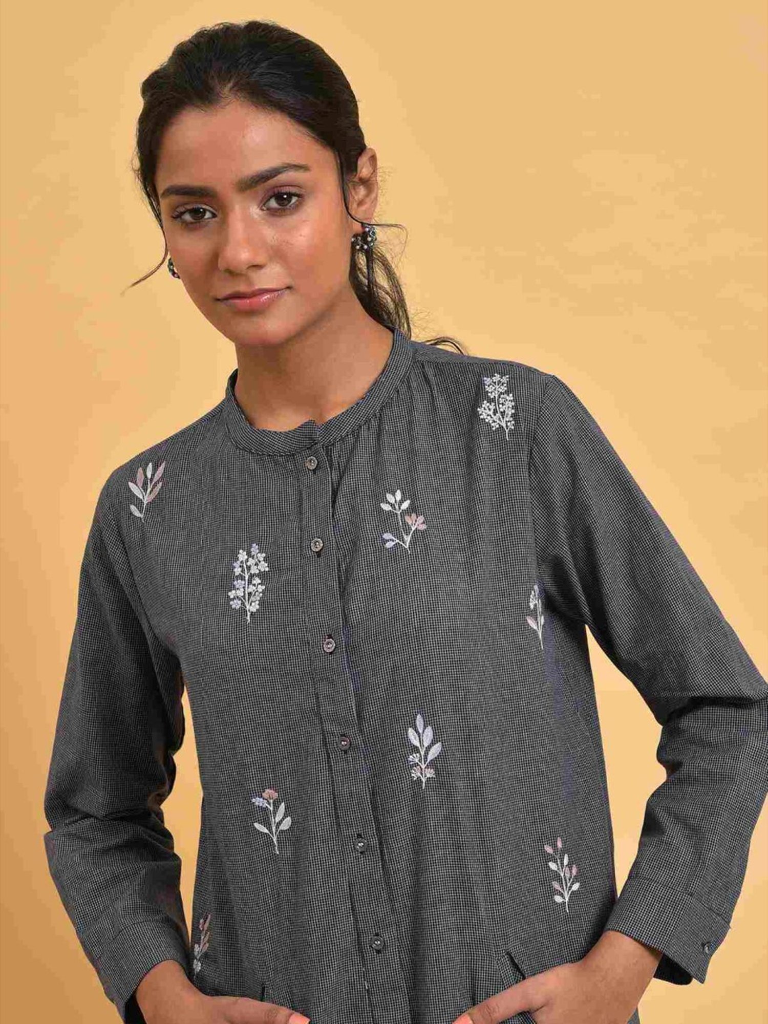 W Grey Cotton Embroidered Tunic