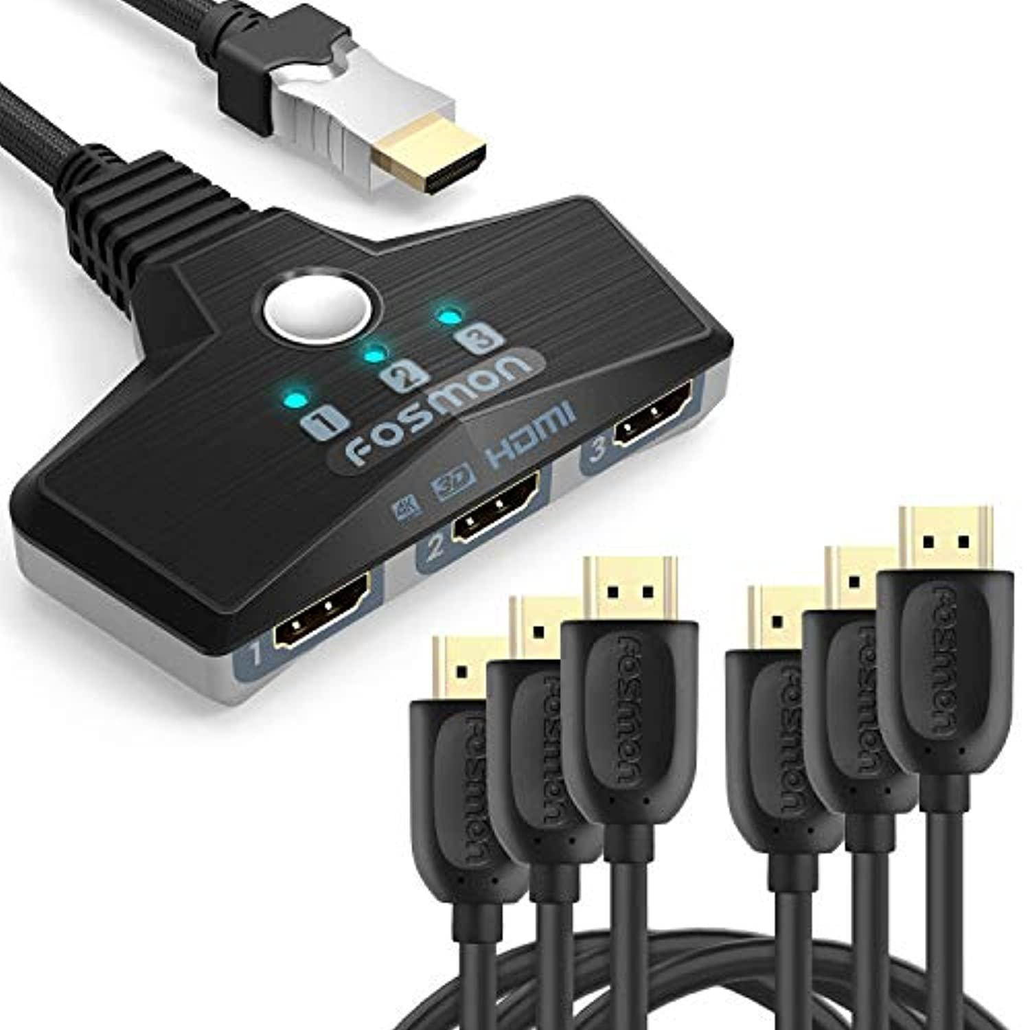 fosmon 3-port hdmi switch, hdr, hdmi 2.0, hdcp 2.2, 4k@60hz 1080p (automatic switching nylon braided pigtail cable) wall mountable switcher splitter with 3 pack durable hdmi cable