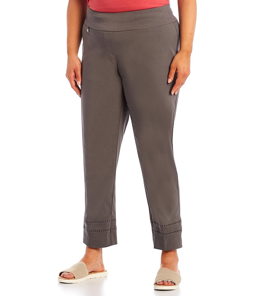 Multiples Plus Size Pull-On Elastic Waist Slim Straight Leg Notch Hem Lace Inset Trim Ankle Pants