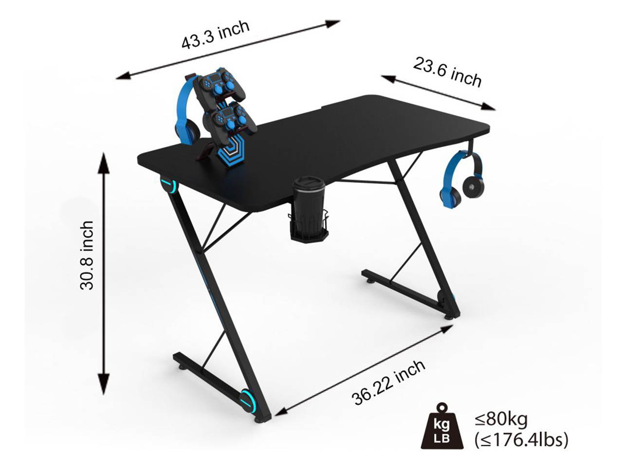 Gaming Desk 47.2" W x 23.6" D Office Computer Table, Black Gamer Workstation with 2 Cable Management Holes