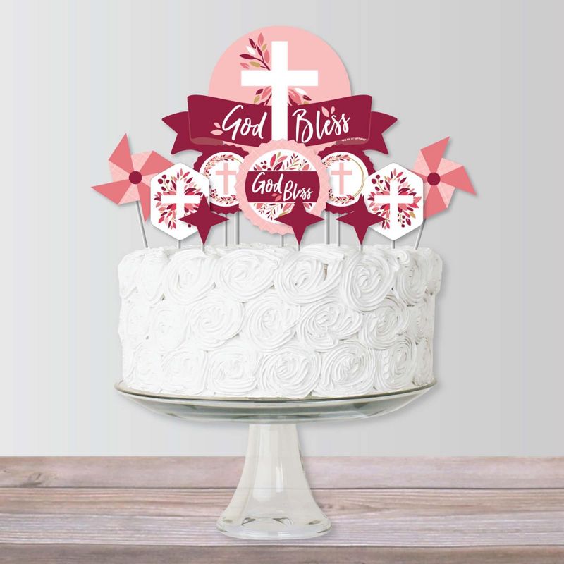 Big Dot of Happiness Pink Elegant Cross - Girl Religious Party Cake Decorating Kit - God Bless Cake Topper Set - 11 Pieces