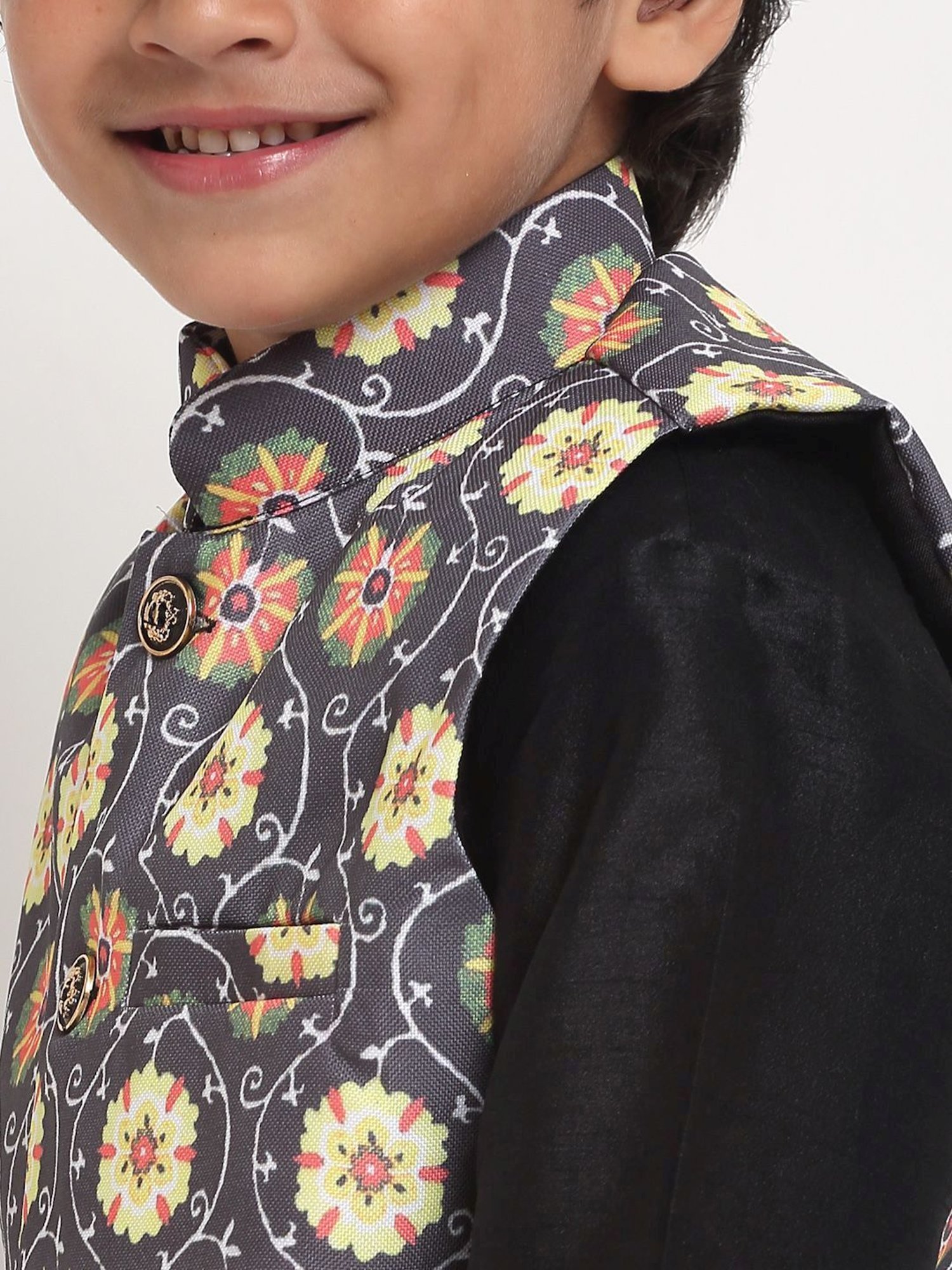 Benstoke Kids Black & Yellow Printed Nehru Jacket