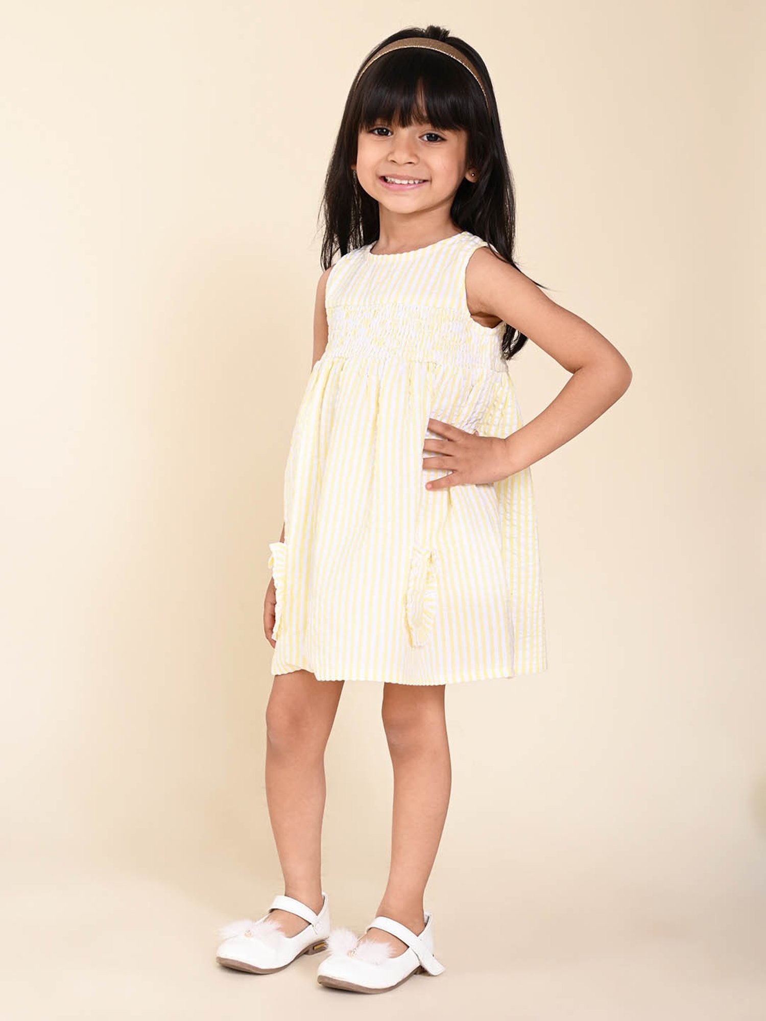 LilPicks Kids White & Yellow Striped Dress