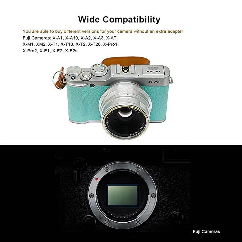25mm F1.8 APS-C Manual Focus Fixed Lens Compatible with Fujifilm Fuji Cameras X-A1 X-A10 X-A2 X-A3 X-at X-M1 XM2 X-T1 X-T10 X-T2 X-T20 X-Pro1 X-Pro2 X-E1 X-E2 X-E2s - Black