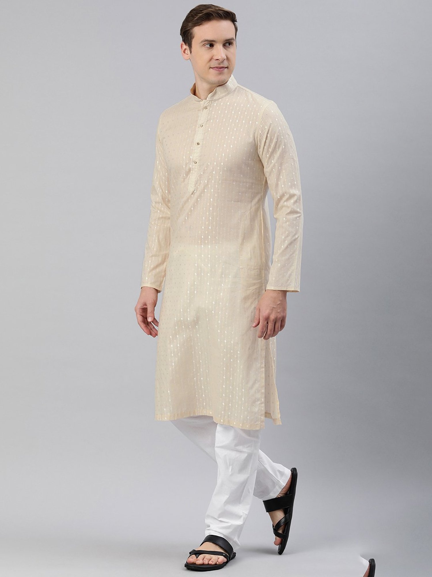 Manthan Light Beige & White Regular Fit Self Design Kurta & Pyjamas Set