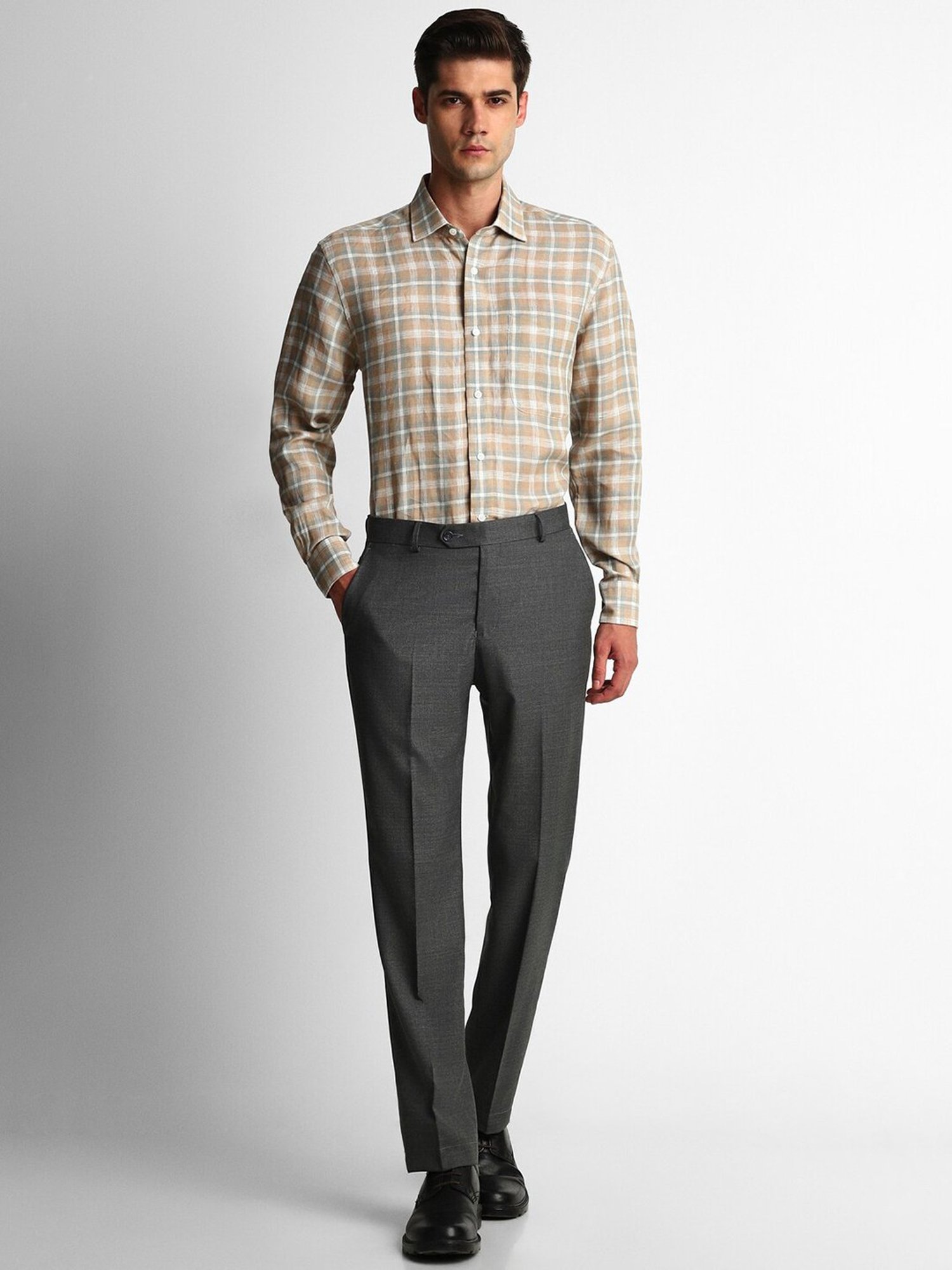 Luxure By Louis Philippe Beige Regular Fit Check Linen Shirt