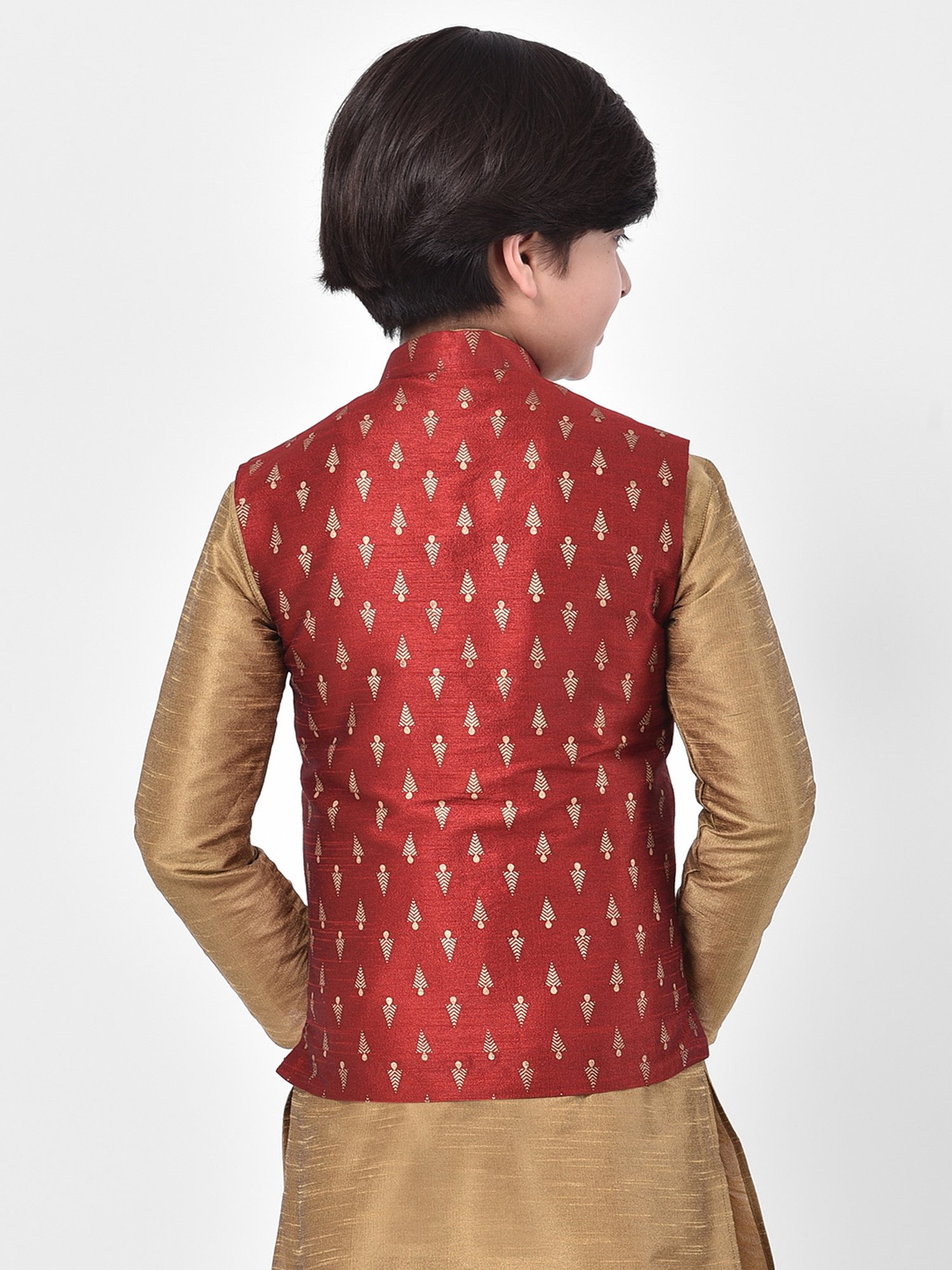 Deyann Kids Red Embroidered Nehru Jacket