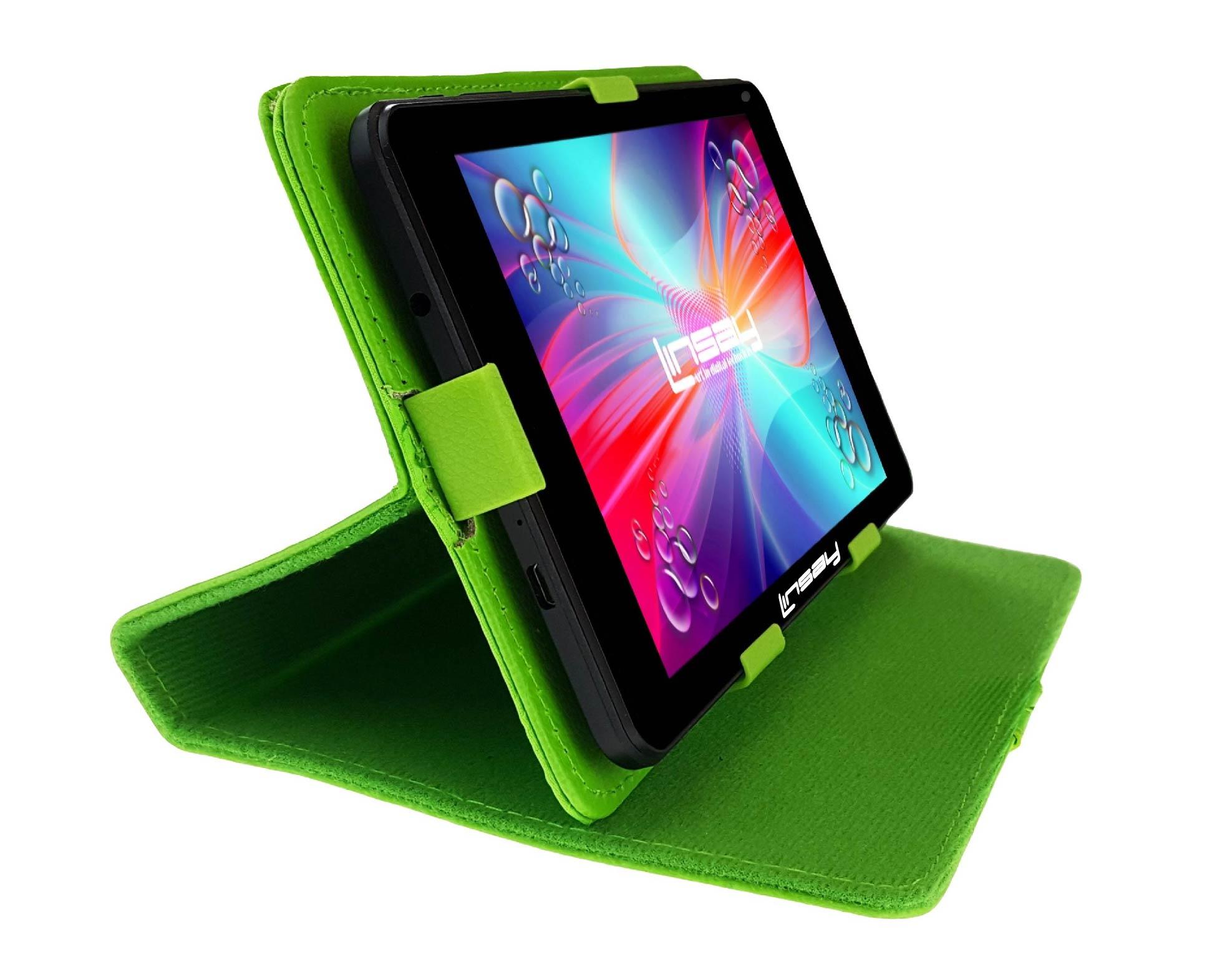 LINSAY&reg;7" 1024x600 HD Quad Core Dual Camera 2GB ram 16GB Android 10 Tablet Bundle with Green Leather Protective Case