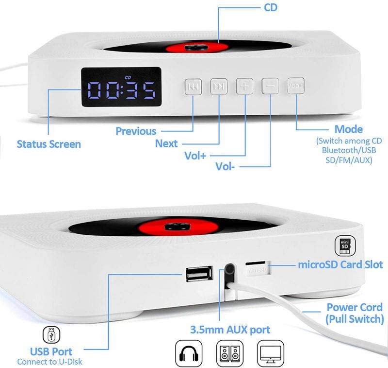 Portable CD player upgrade , ROADOM Bluetooth speaker & FM radio with LCD screen, wall-mounted CD music player, with infrared remote control, support CD / Bluetooth / FM / U disk / SD card / AUX
