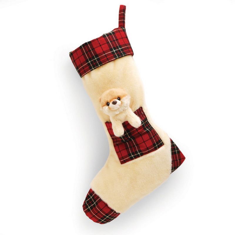 Gund 15" Beige and Red Dog Plaid Christmas Stocking