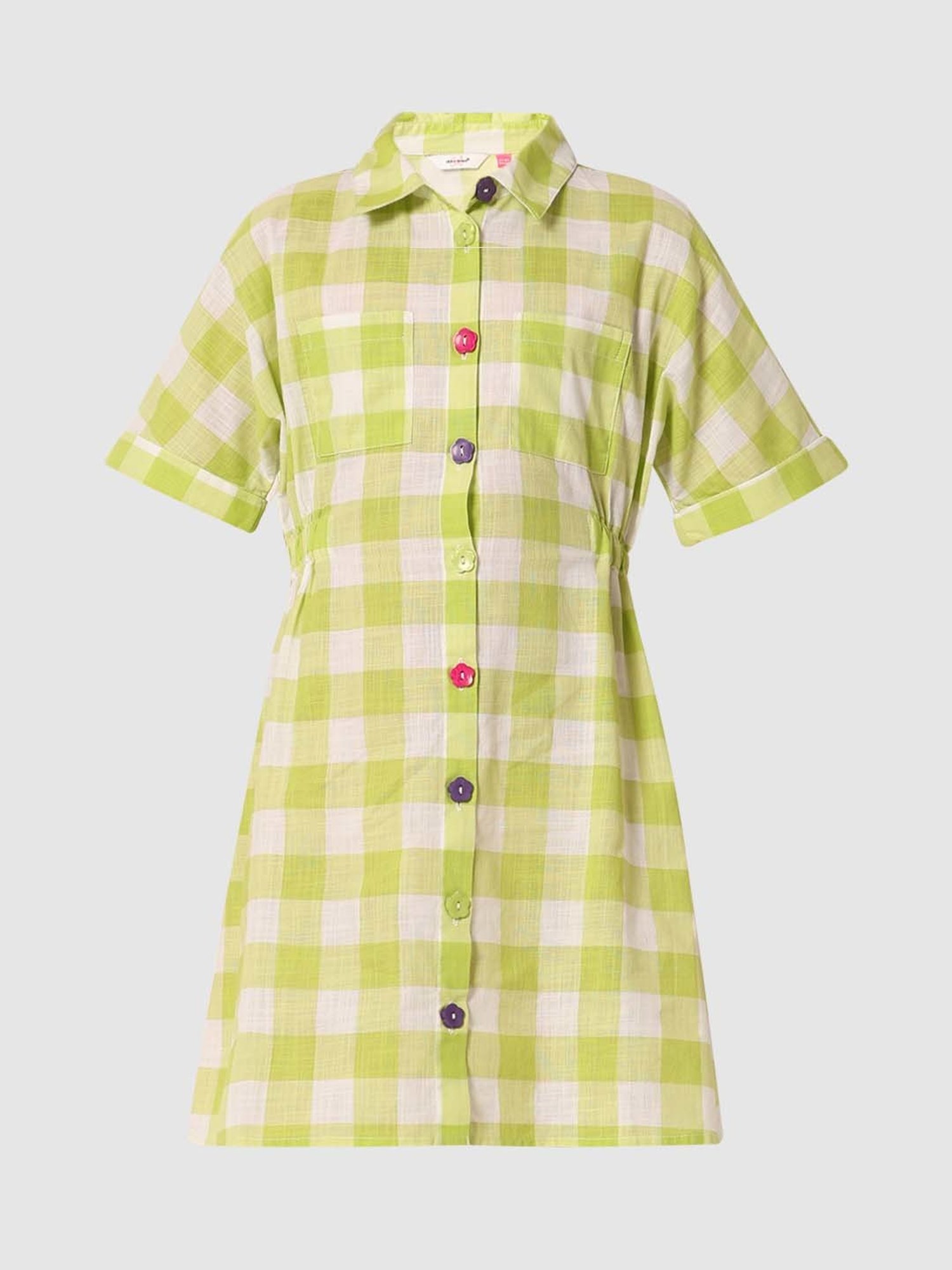 VERO MODA GIRL Green & White Cotton Chequered Dress