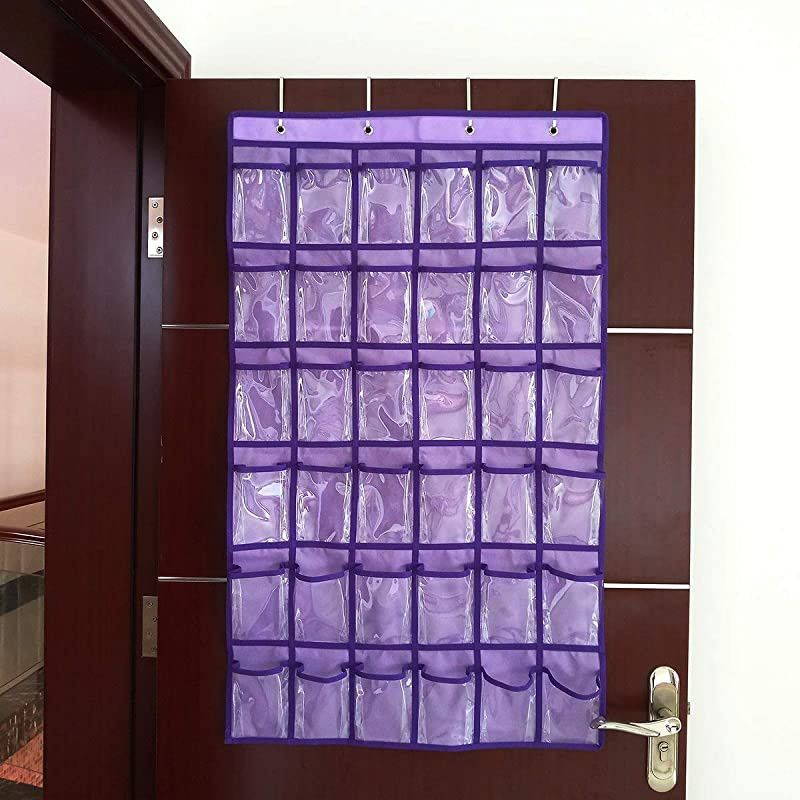 Hanging Closet Underwear Sock Jewelry Storage Over The Door Classroom Cell Phone Calculator Organizer 36 Clear Pockets (Purple)