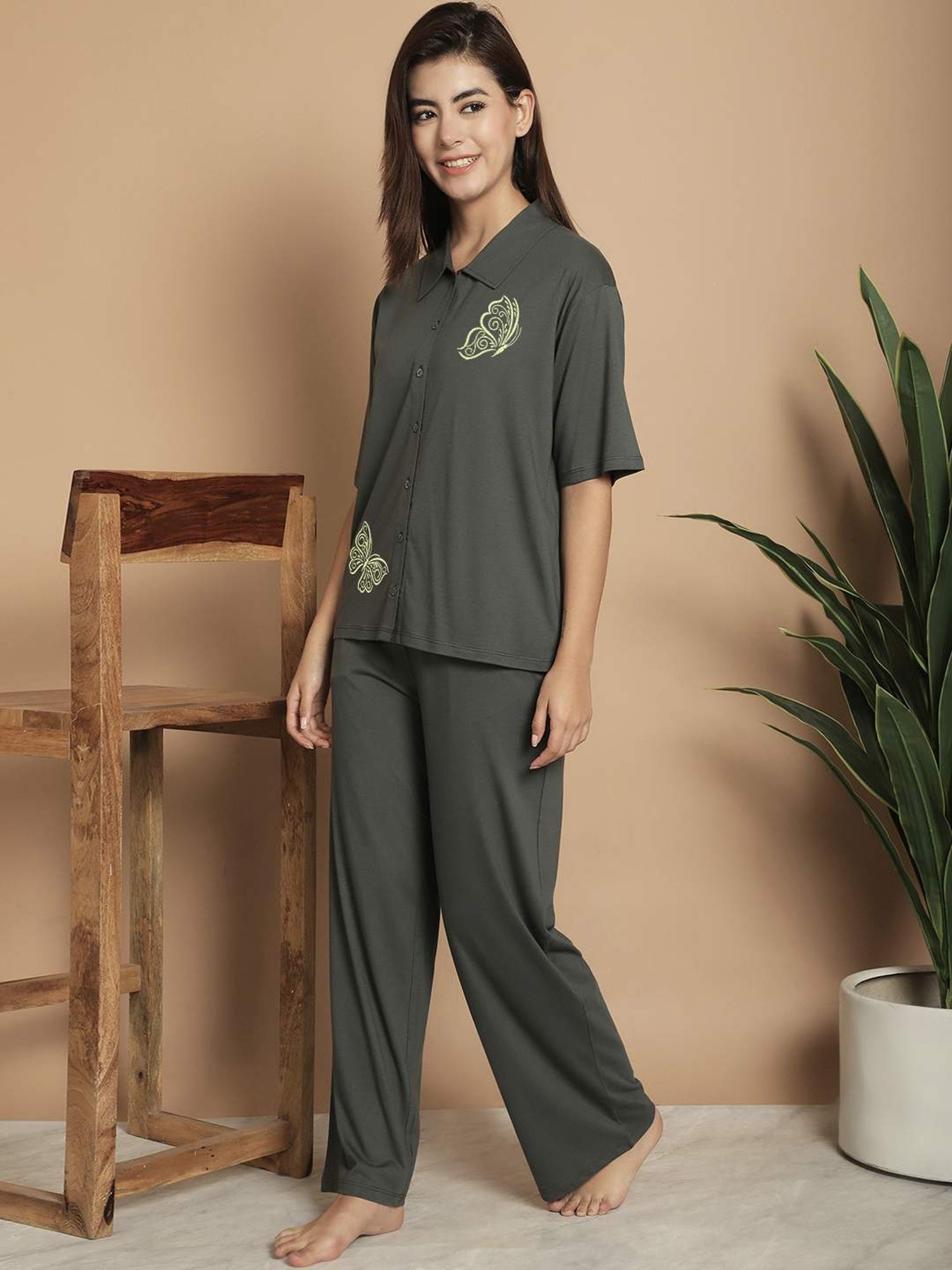 Kanvin Green Cotton Printed Shirt Pyjamas Set