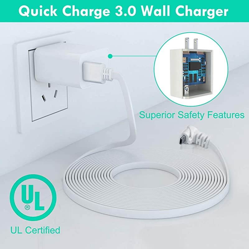 30 Feet Right Angled Micro USB Power Cable with QC 30 Charger BrickPower Supply Adapter and Charging CordOutdoor Quick Charger Compatible for Arlo ProArlo Pro 2Arlo GoArlo Security Light