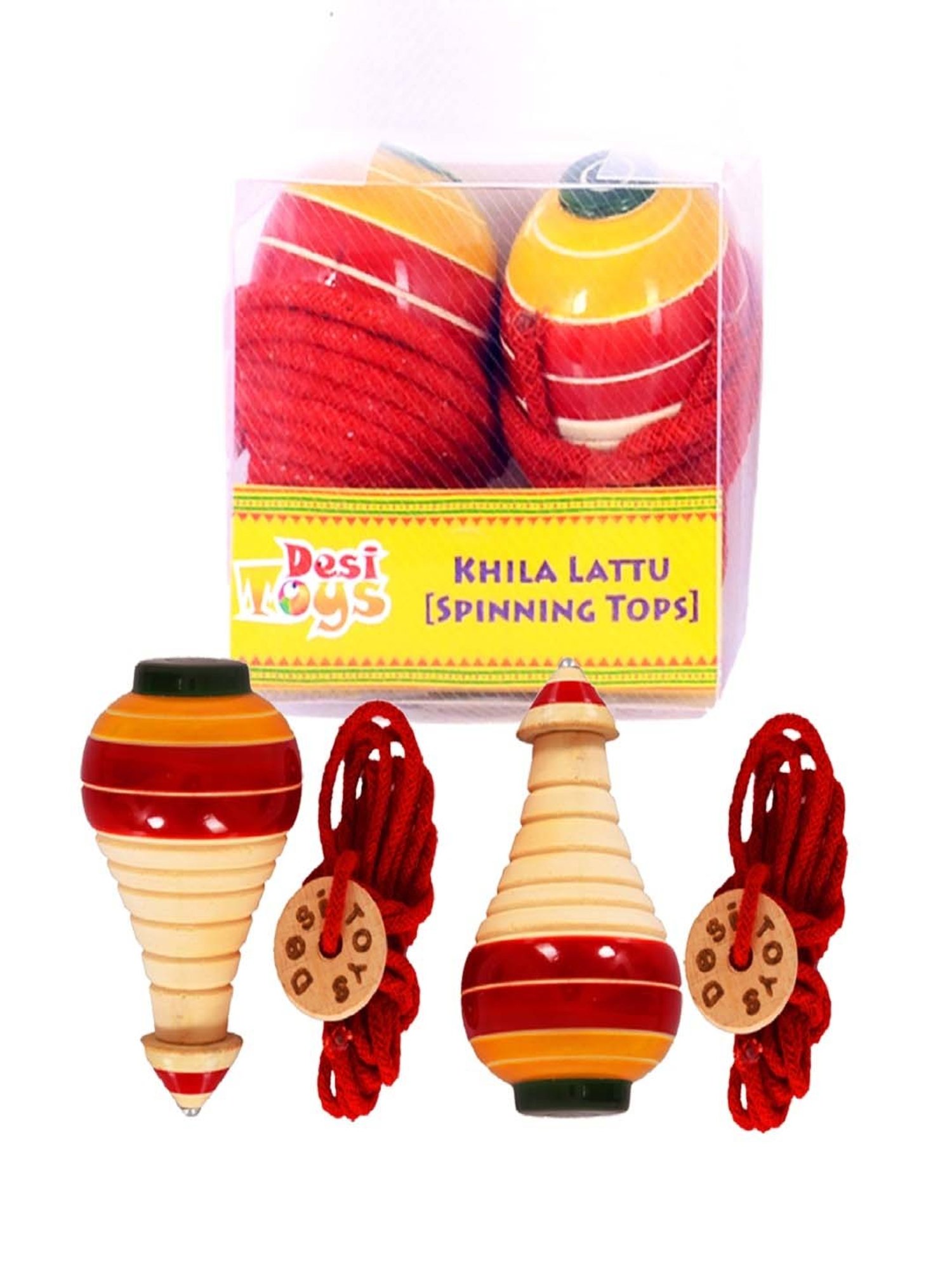 Desi Toys Kids Multicolor Wooden Spinning Top & Gulel Set