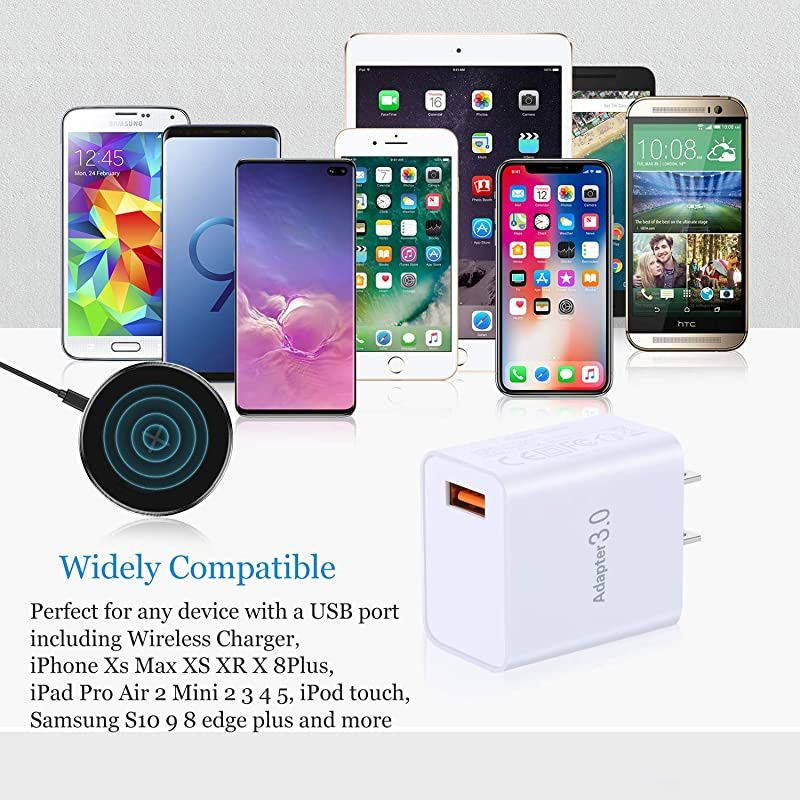 Quick Charger 3.0 Wall Charger,  2 Pack 18W QC Fast Charging 3.0 USB Charger Power Adapter Compatible for iPhone 12/11, Samsung Galaxy S20/S10, 10W Wireless Charger, Pad, Tablets (White White)