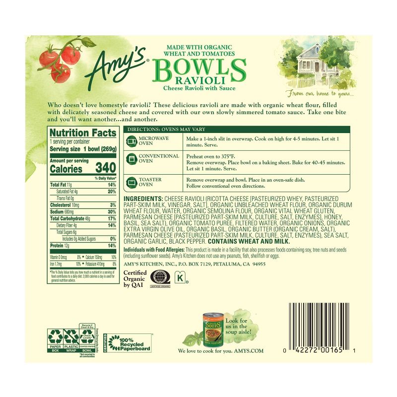 Amy's Frozen  Cheese Ravioli with Sauce Bowl - 9.5oz