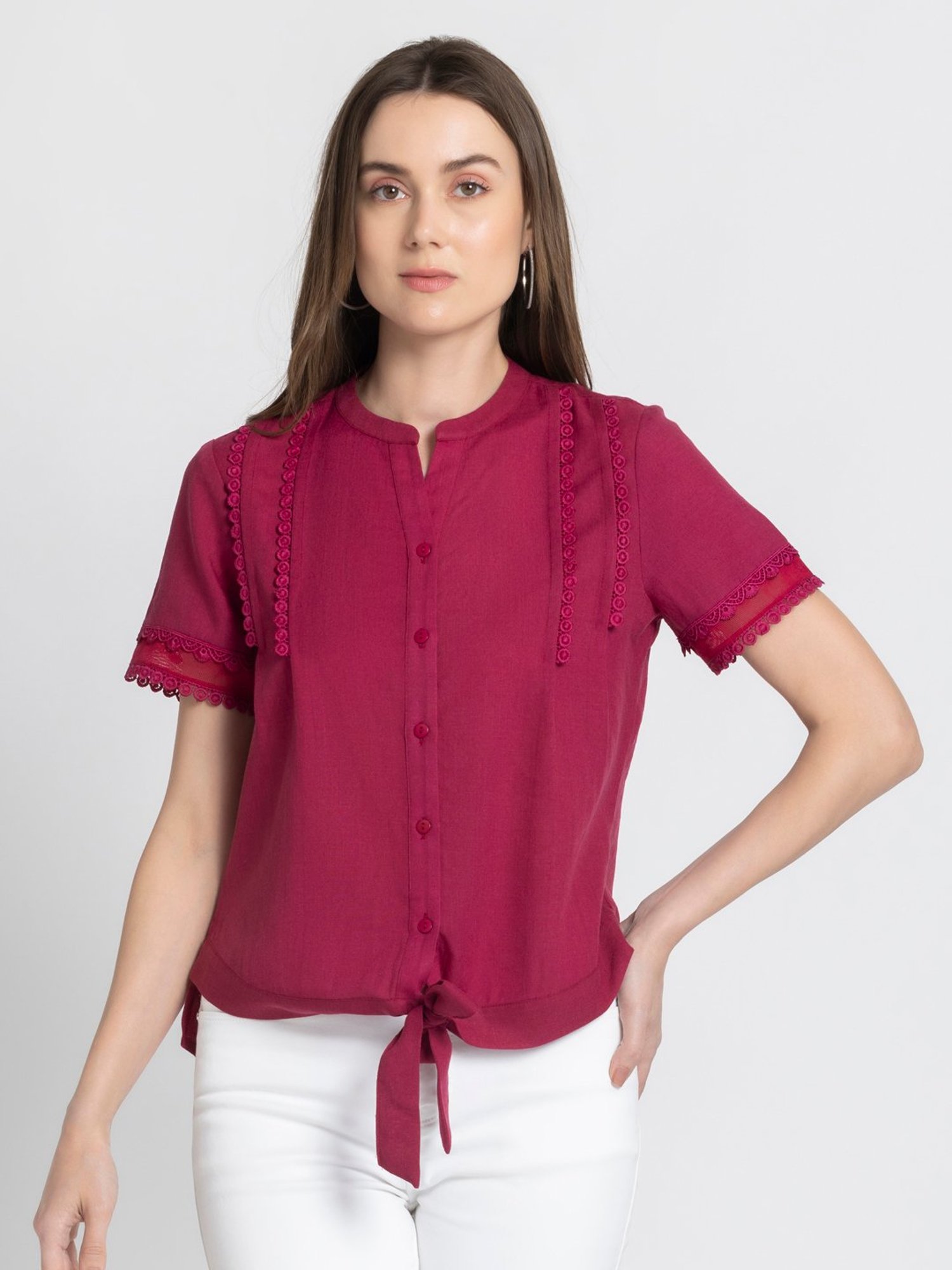 SHAYE Maroon Linen Regular Fit Top