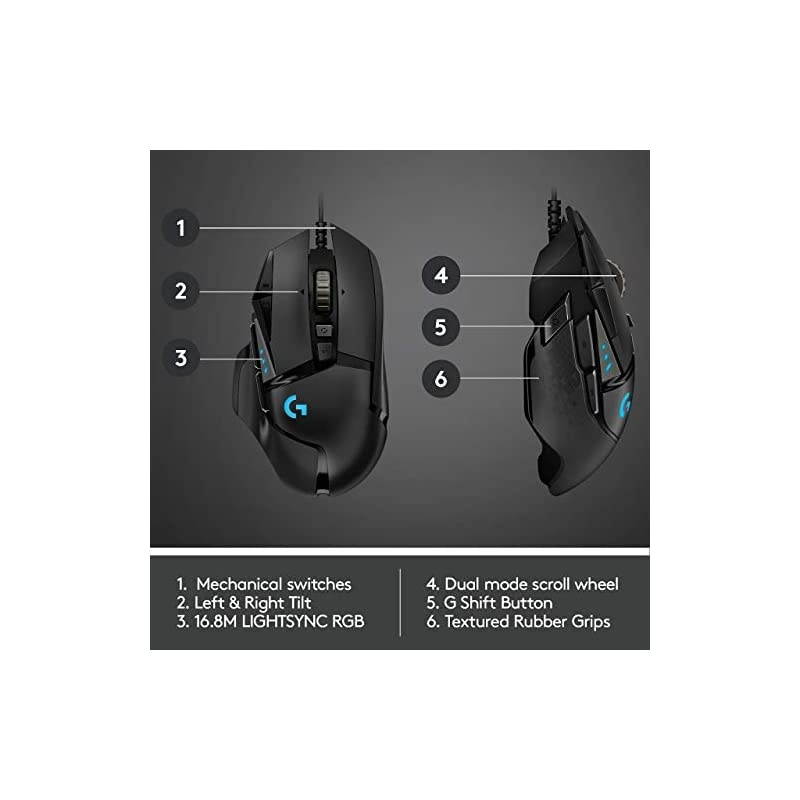 G502 Hero High Performance Wired Gaming Mouse, Hero 16K Sensor, 16,000 DPI, RGB, Adjustable Weights, 11 Programmable Buttons, On-Board Memory, PC/Mac - Black