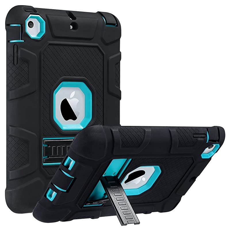 iPad Mini Case iPad Mini 2 Case iPad Mini 3 Case iPad mini Retina Case Three Layer Heavy Duty Shockproof Protective Case for iPad MiniiPad Mini 2iPad Mini 3 with Kickstand Aqua BlueBlack