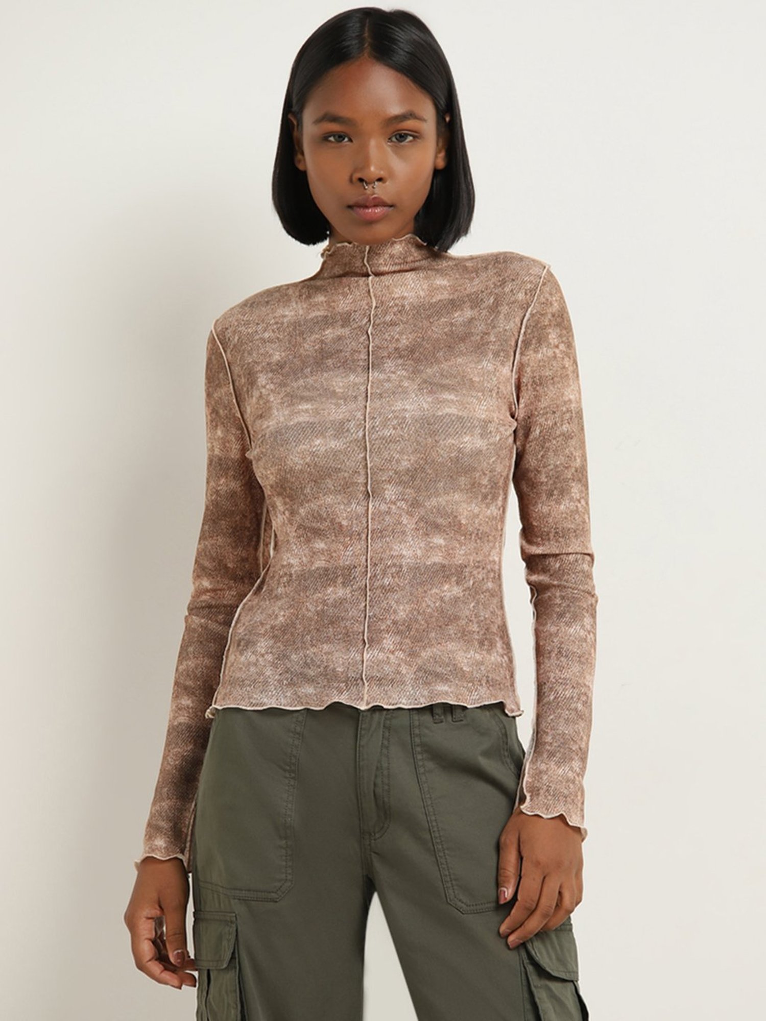 Nuon by Westside Brown Abstract Design Mesh Top