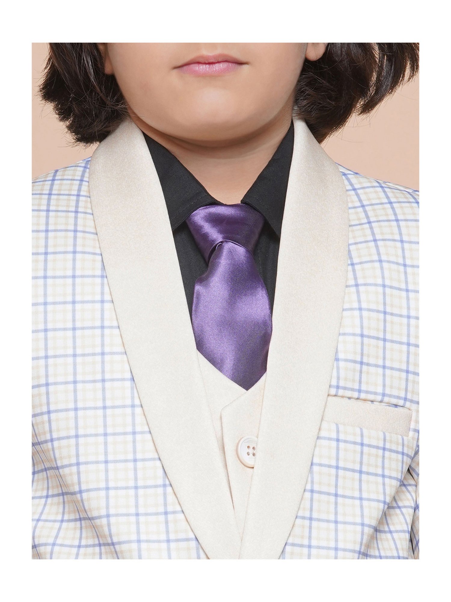 AJ Dezines Kids Blue & Cream Checks Full Sleeves Shirt, Pants, Coat, Waistcoat with Tie