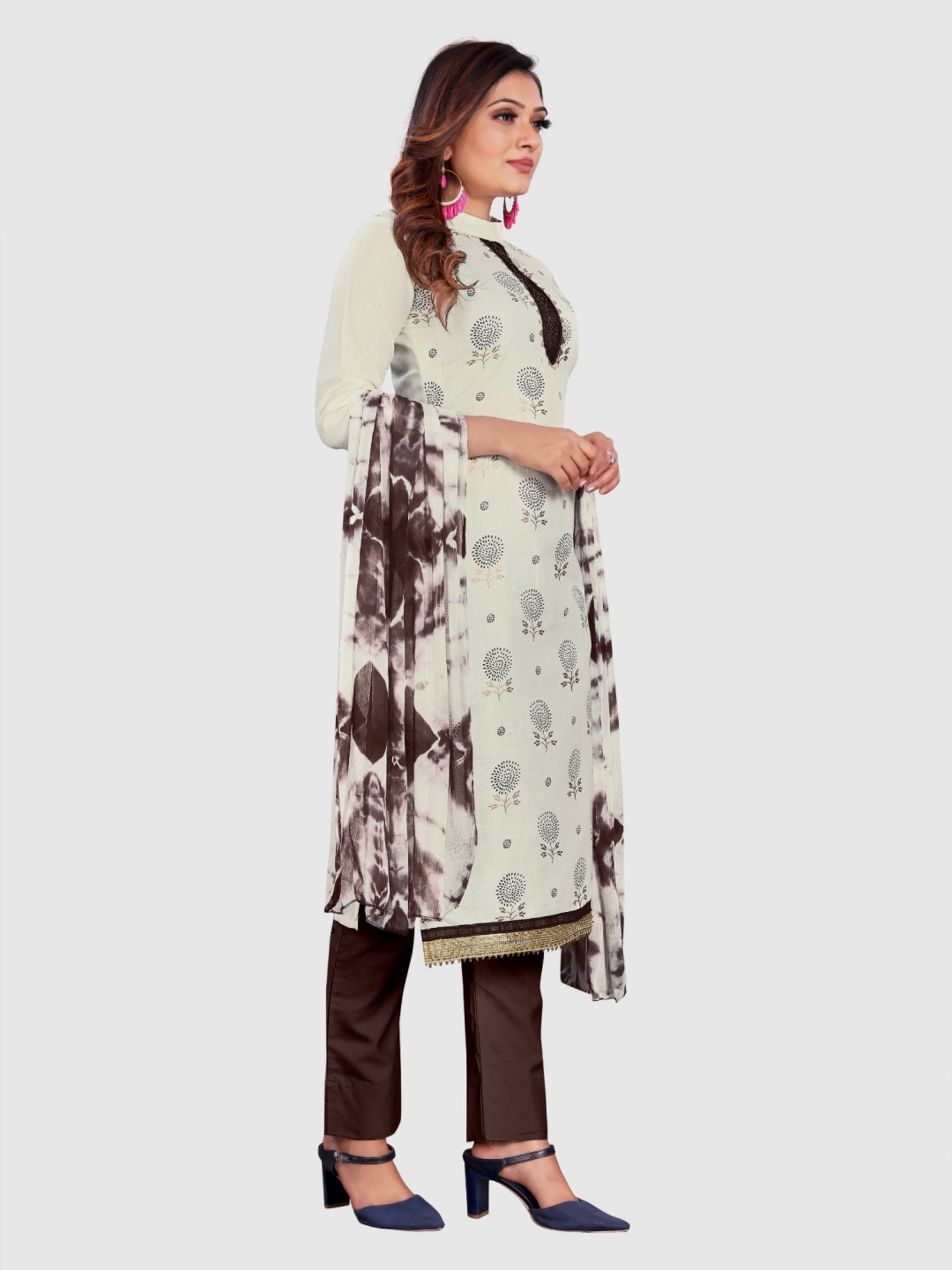 APNISHA Cream Cotton Floral Print Unstitched Dress Material