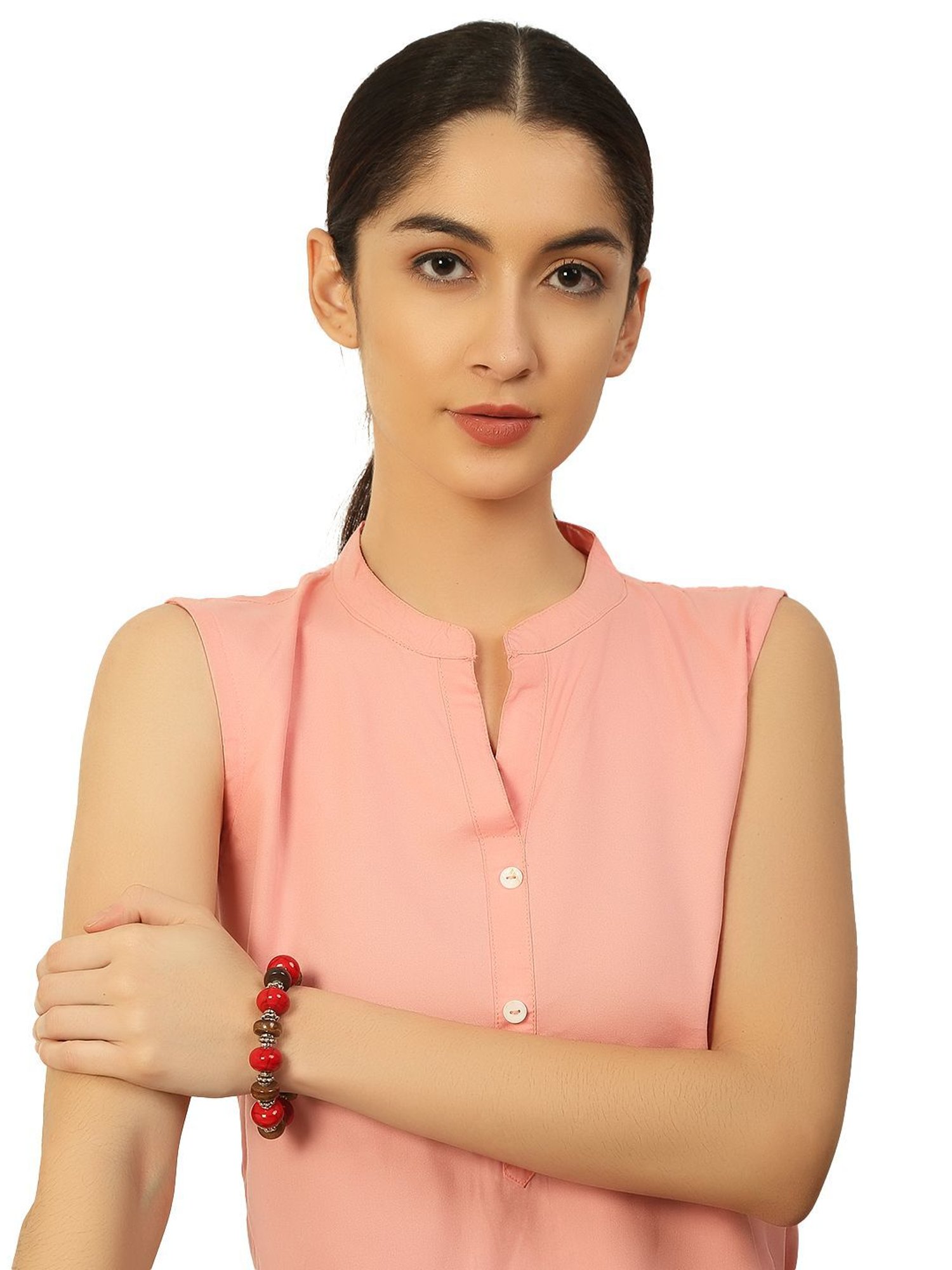 IMLI STREET Red & Brown, Silver Artificial Beaded Stretchable Bracelet for Women