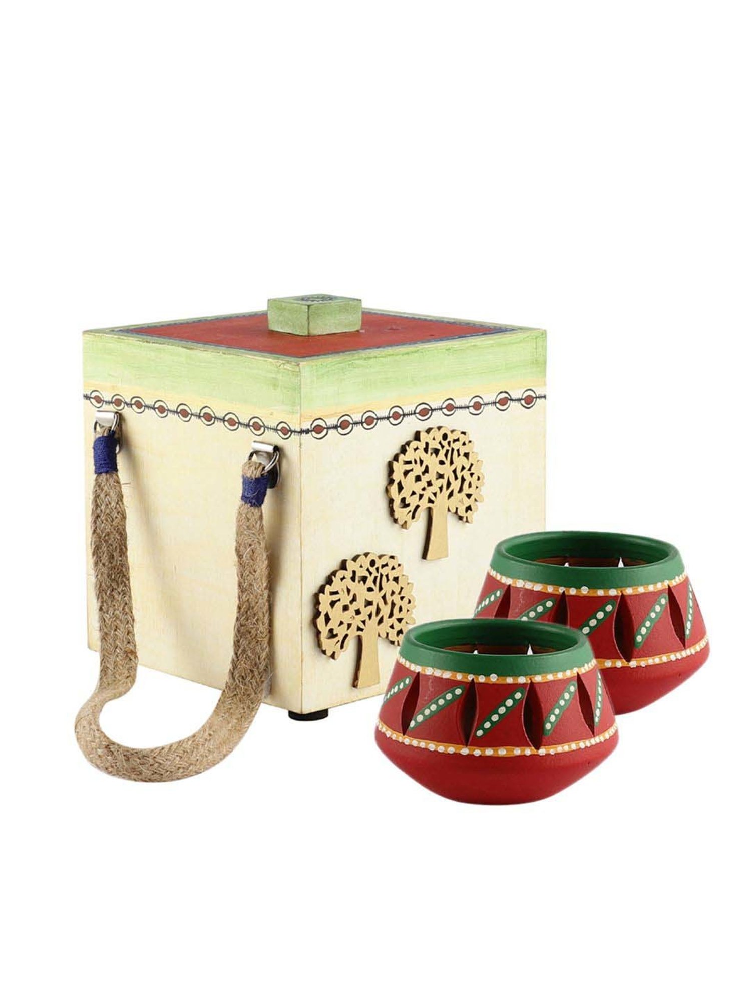 VarEesha Upahaar Beige & Red Wood Decorative Gift Box with 2 Tea Light Holders