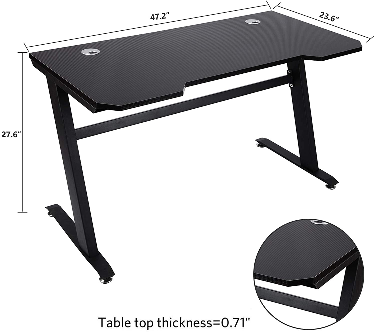 Hannord Gaming Desk, 47.2" W x 23.6" D Office Computer Table, Black Gamer Workstation with 2 Cable Management Holes