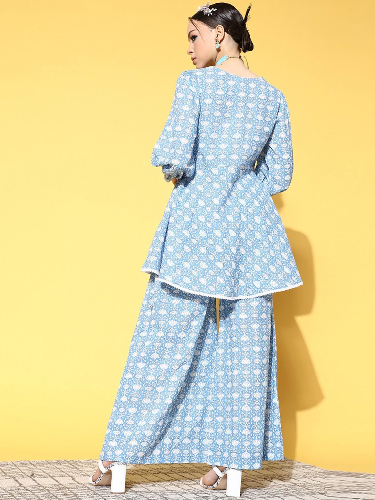 Prakrti Blue Cotton Printed Kurti Sharara Set