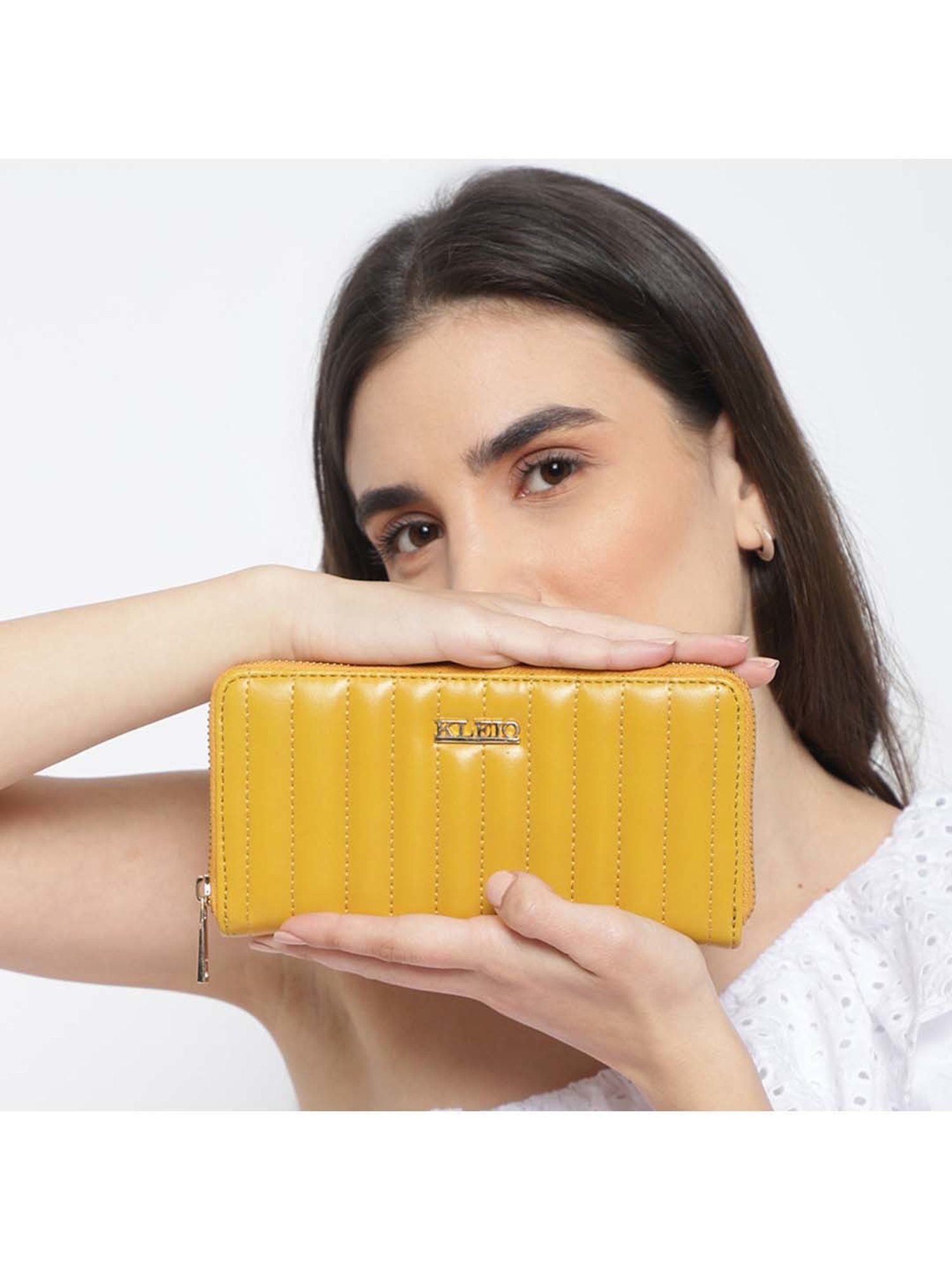 KLEIO Yellow Quilted Zip Around Wallet for Women