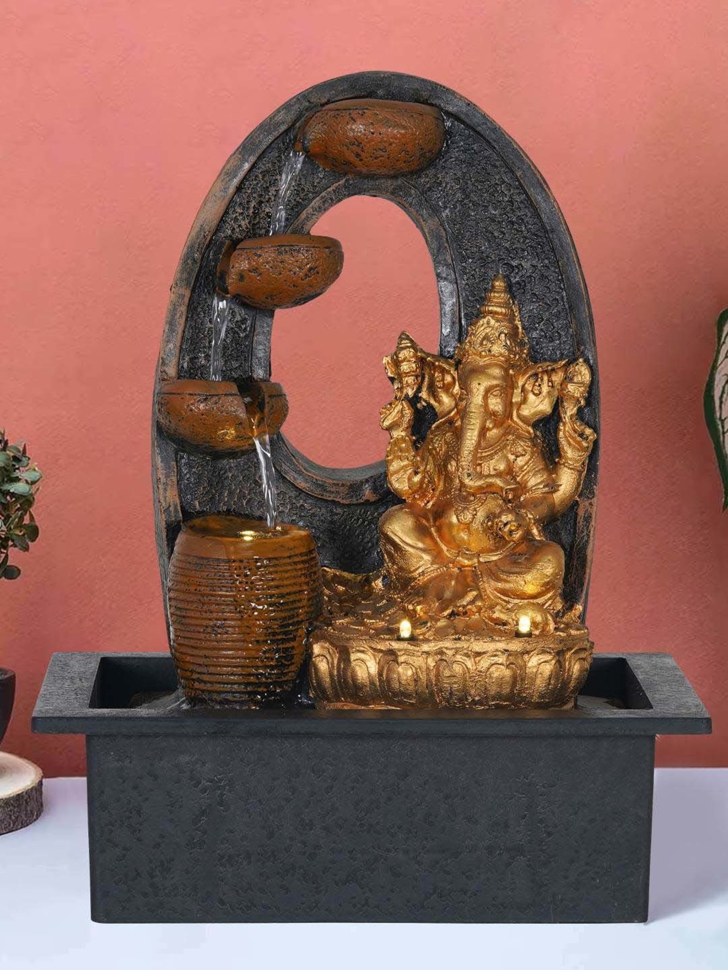 CHRONIKLE Golden & Brown Polyresin Ganesha 3 Steps Waterfall Fountain