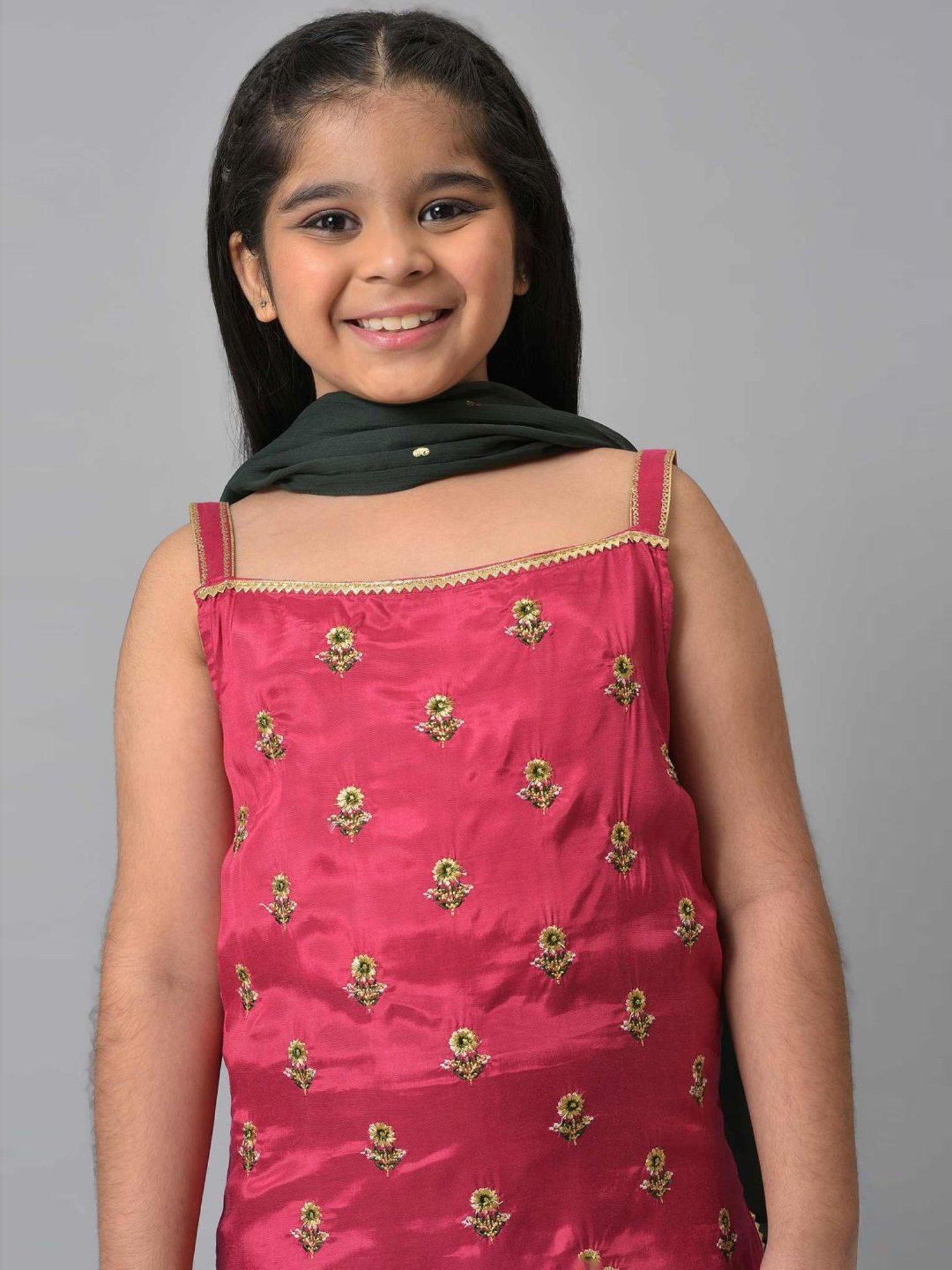 Aurelia Kids Pink & Green Embroidered Kurta Set