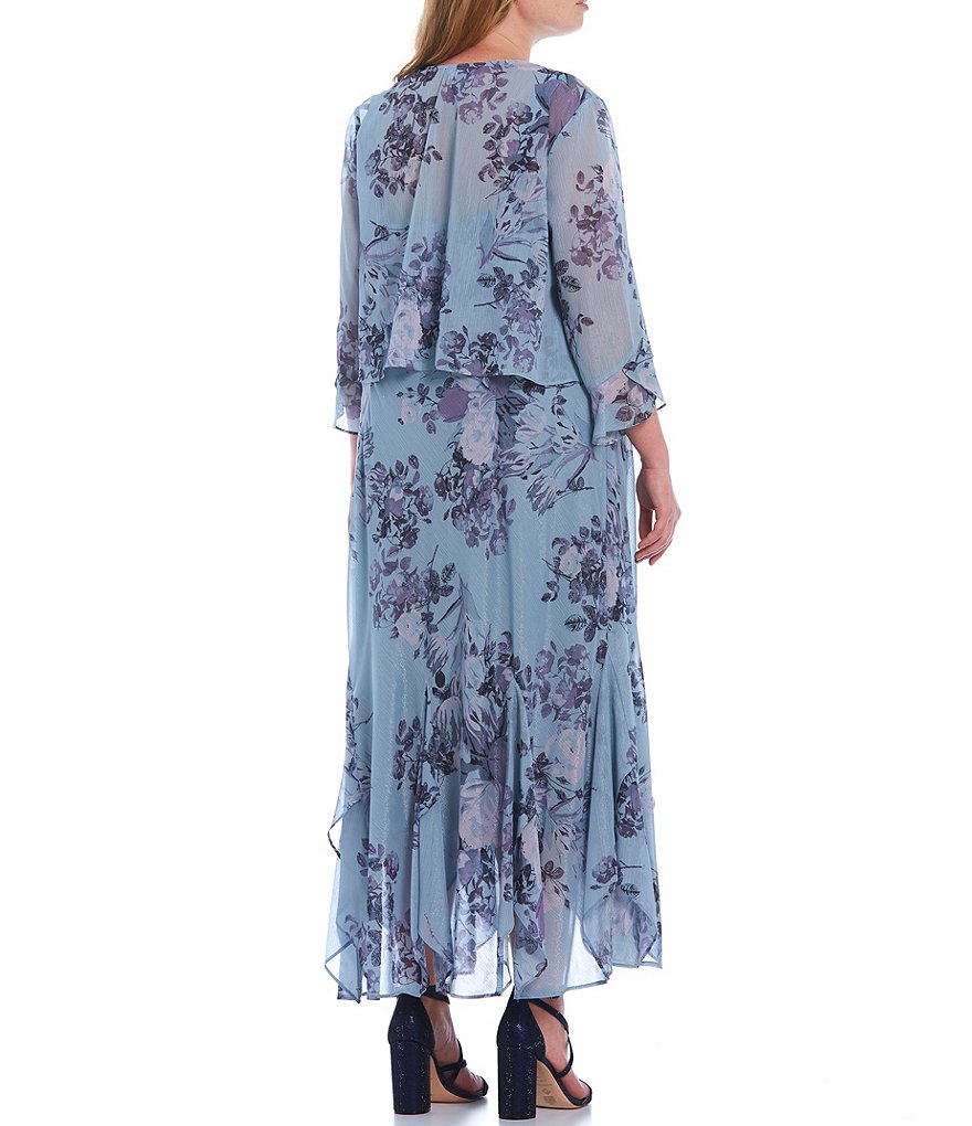 R & M Richards Plus Size V-Neck 3/4 Sleeve Watercolor Printed Chiffon 2-Piece Jacket Dress