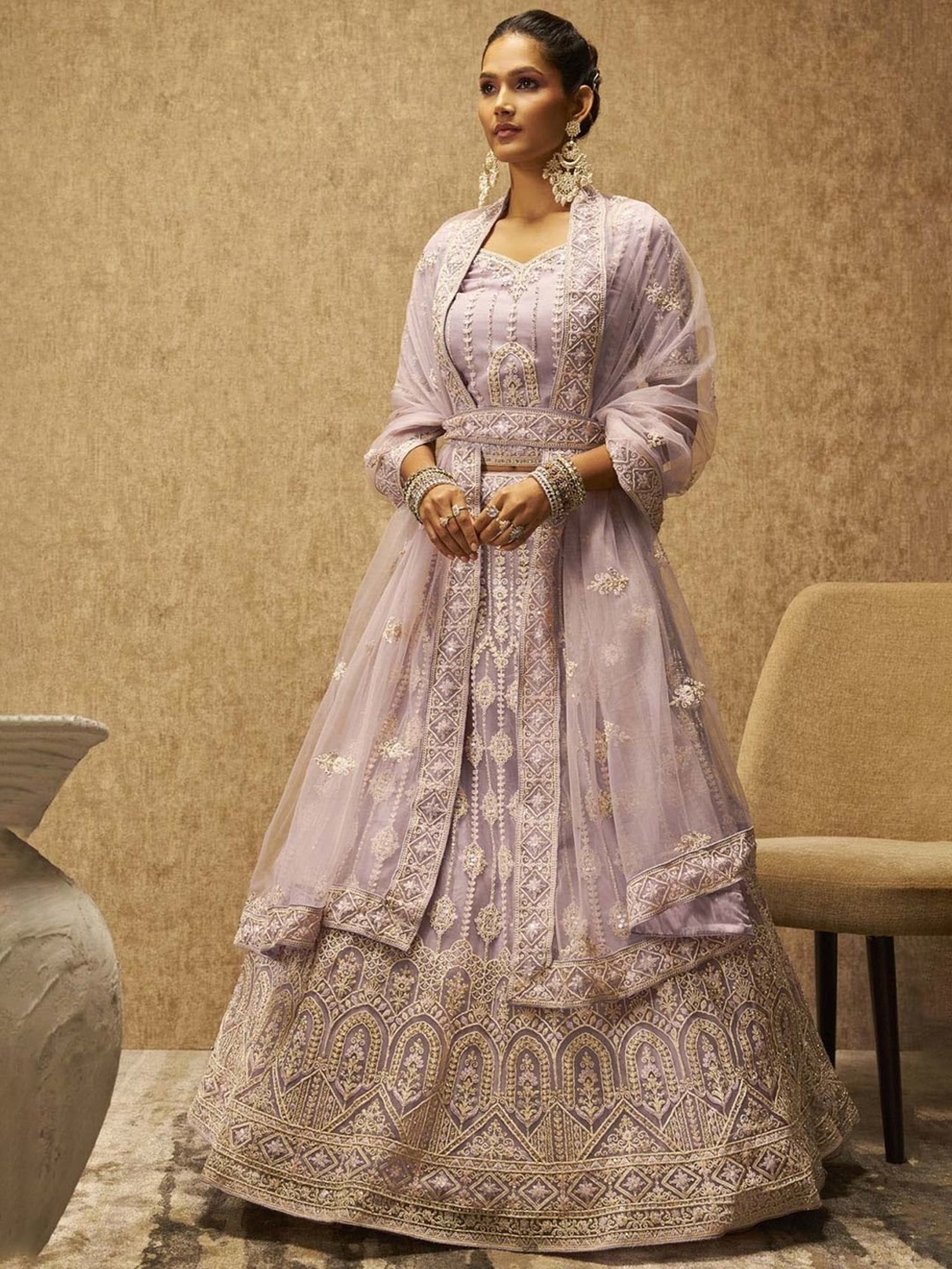 Soch Purple Embellished Unstitched Lehenga Choli Set With Dupatta & Belt