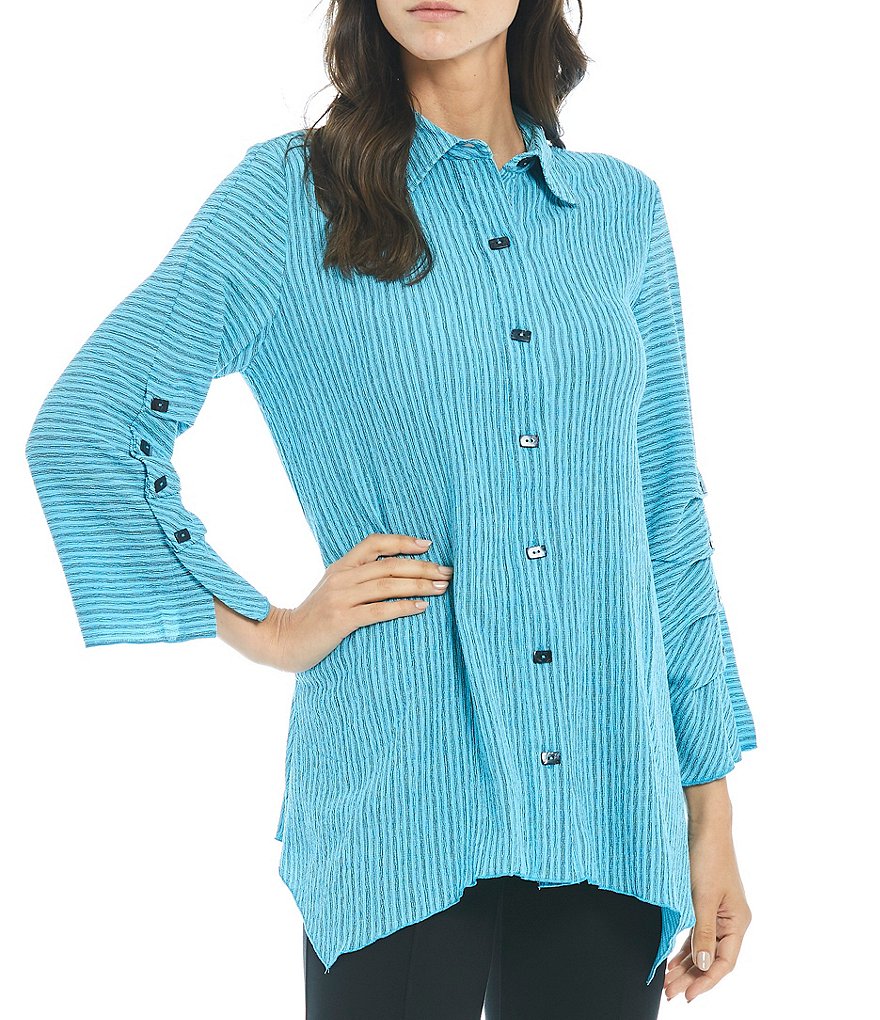 Calessa Crinkle Stripe Button Front Tunic