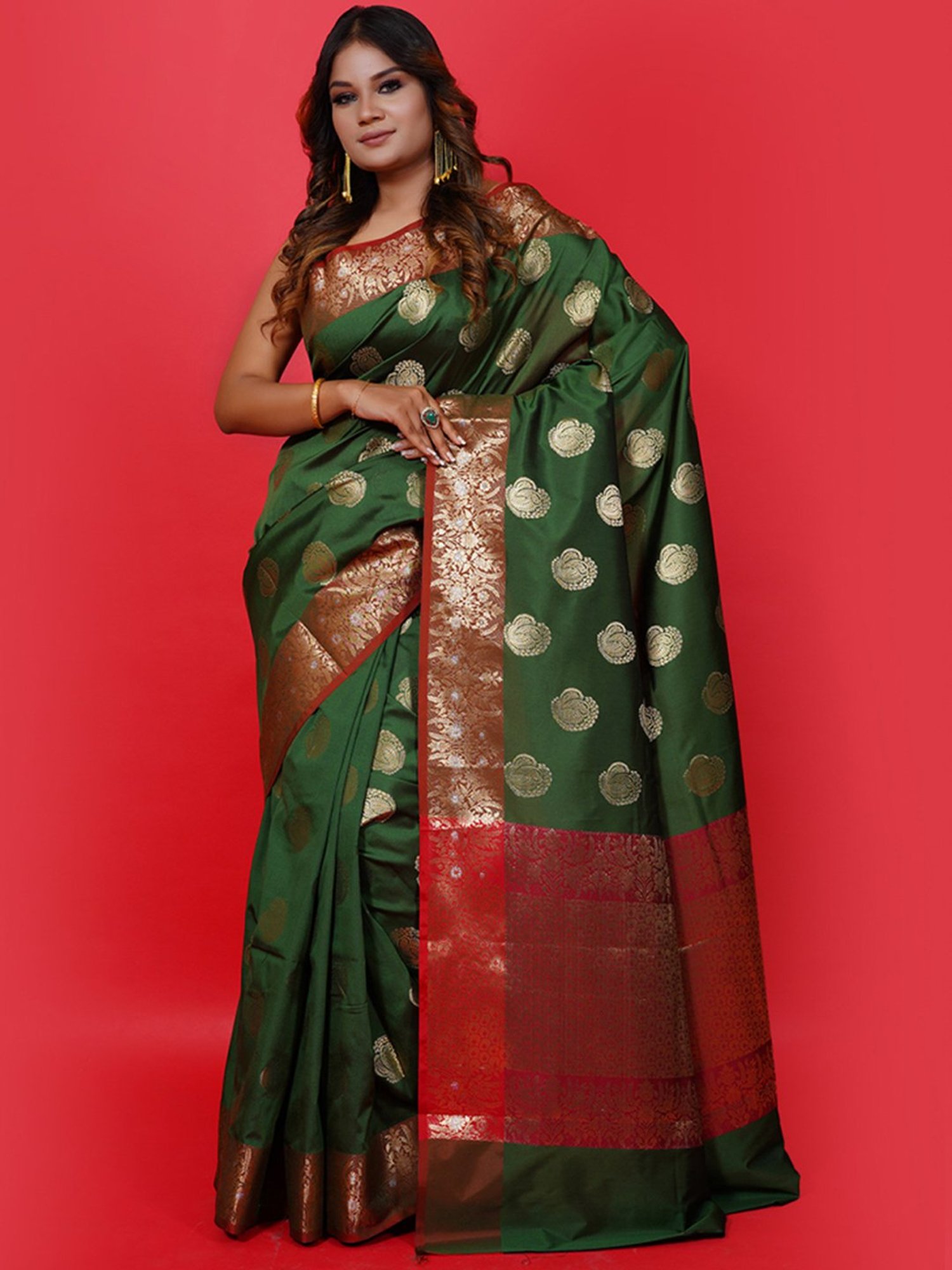 Banarasi Silk Works Green Woven Saree With Unstitched Blouse