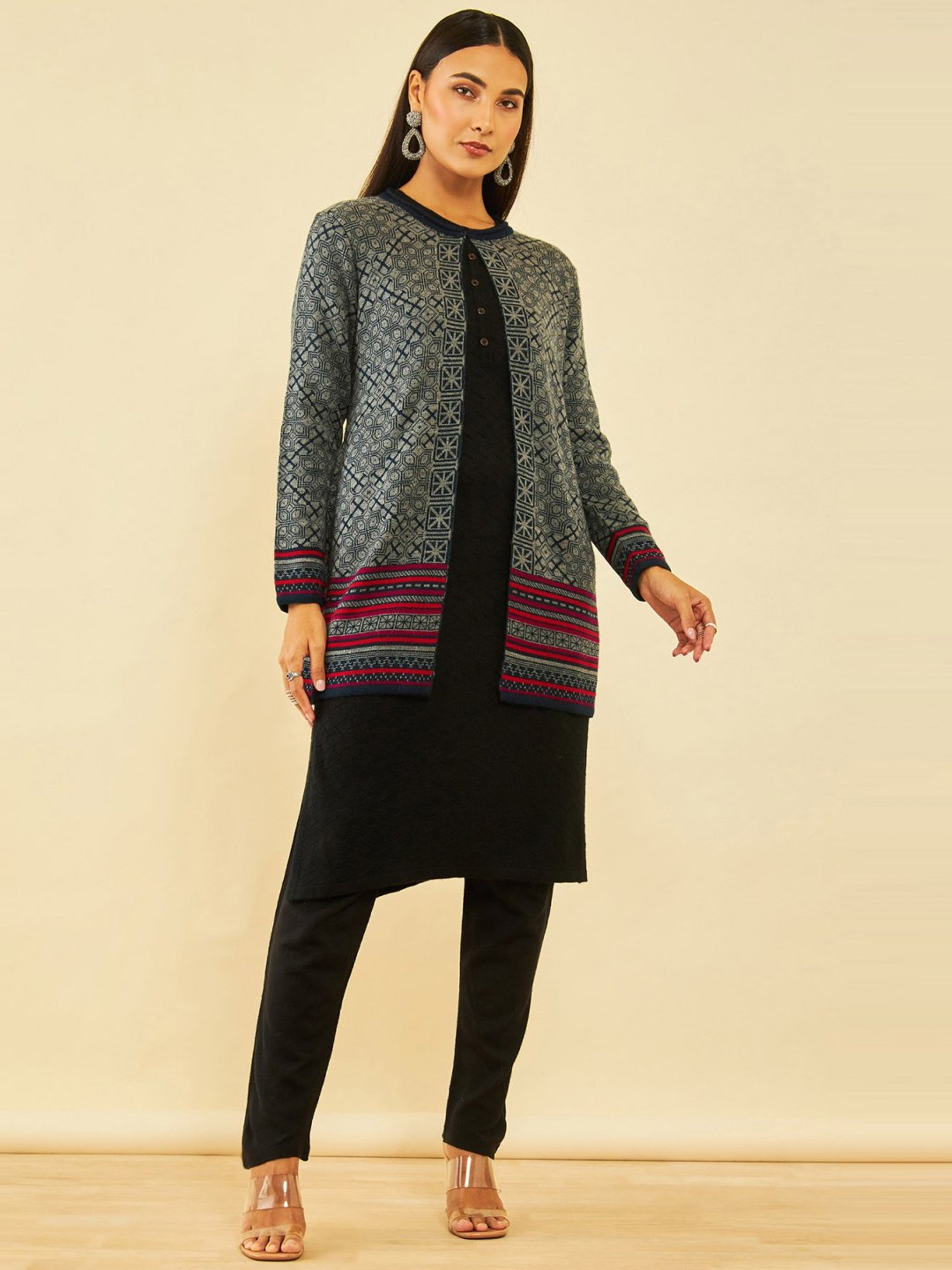 Soch Navy Blue Acrylic Ethnic Motifs Pattern Knitted Open-Front Longline Shrug