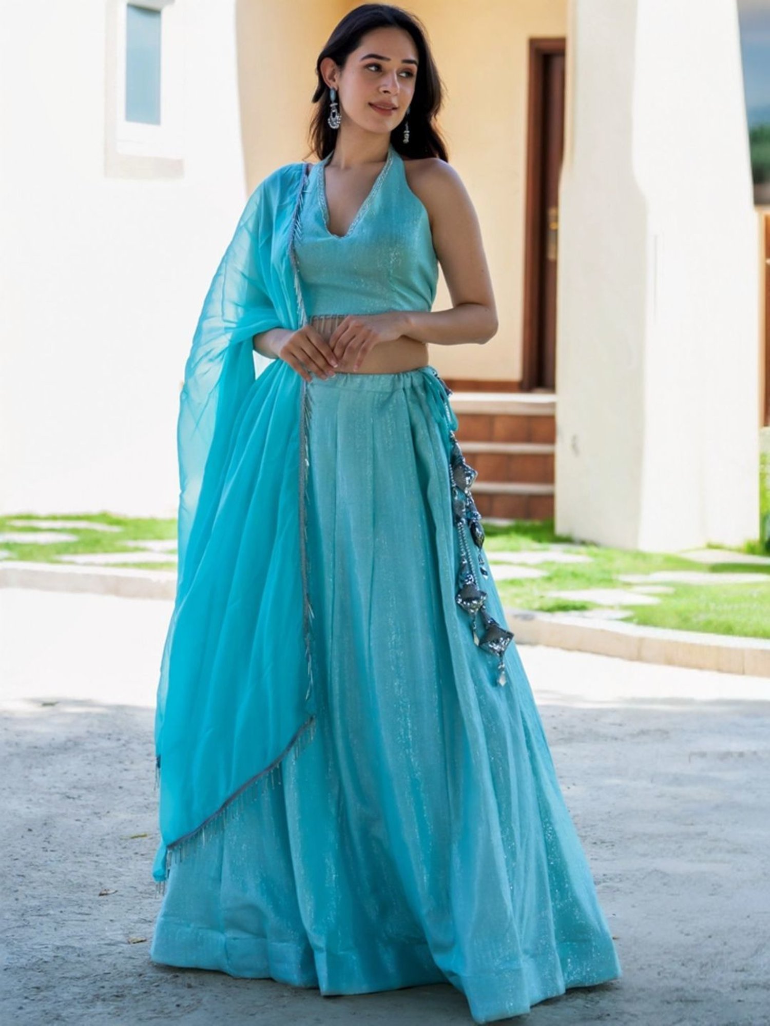HOUSE OF JAMOTI Turquoise Embellished Lehenga Choli Set With Dupatta