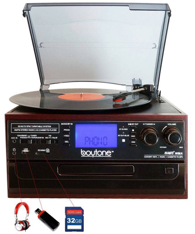 Boytone BT-22C, Bluetooth IN & OUT Record Player Turntable, AM/FM, Cassette, CD Player, Built in speaker, Ability to con