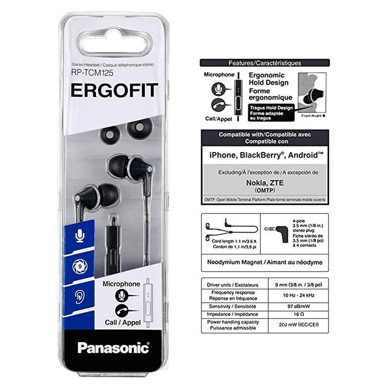 ErgoFit Earbud Headphones with Microphone and Call Controller Compatible with iPhone Android and Blackberry RPTCM125K InEar Black
