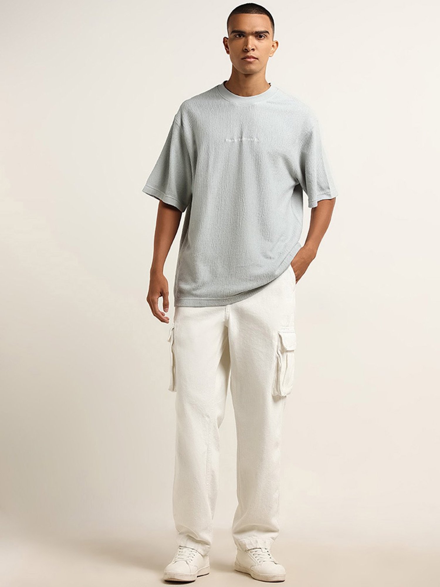 Nuon by Westside Light Teal Textured Relaxed-Fit Cotton T-Shirt